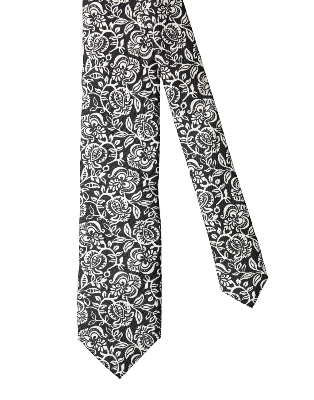 Dolce & Gabbana Black White Floral Fantasy Silk Tie Adjustable