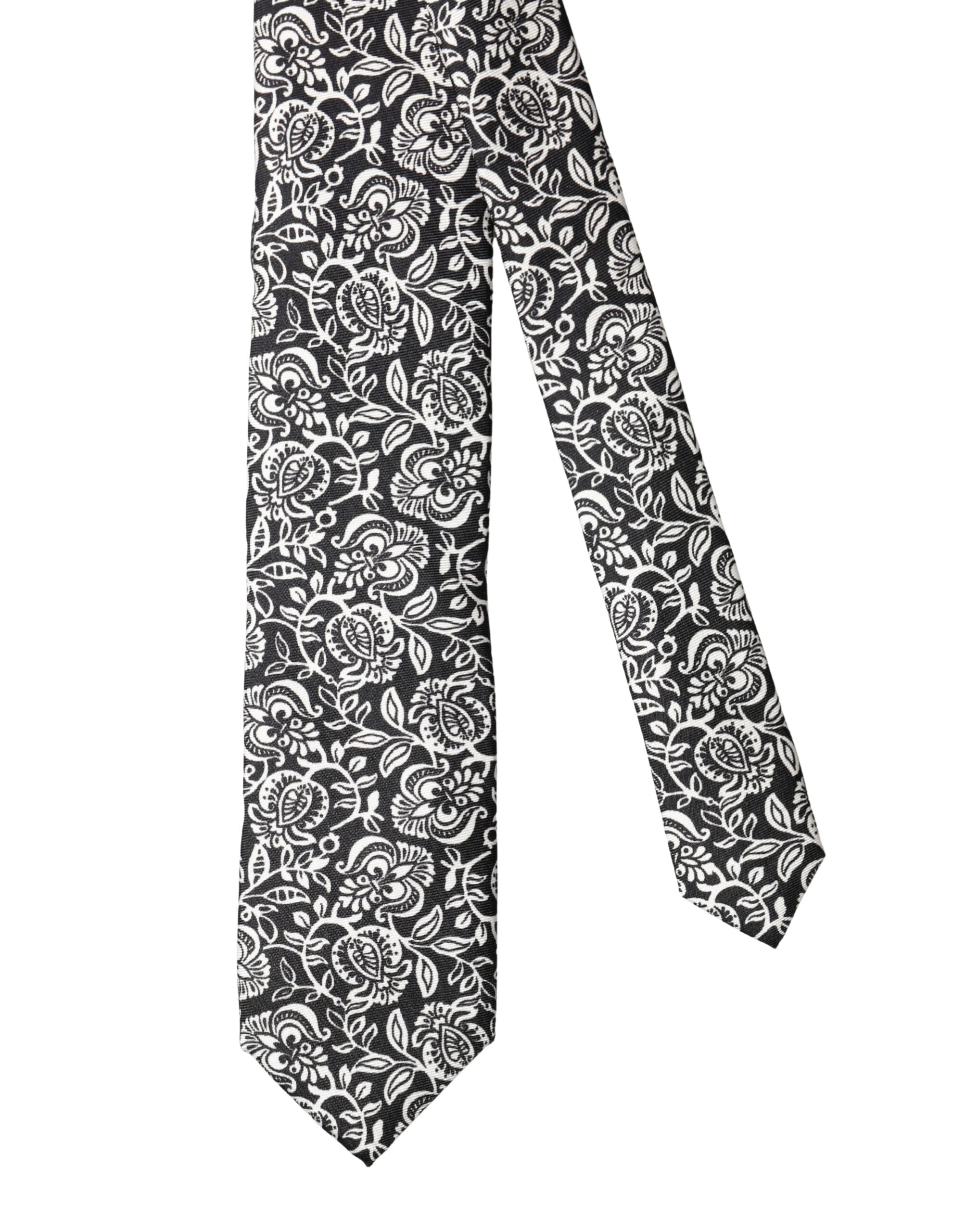 Dolce & Gabbana Black White Floral Fantasy Silk Tie Adjustable