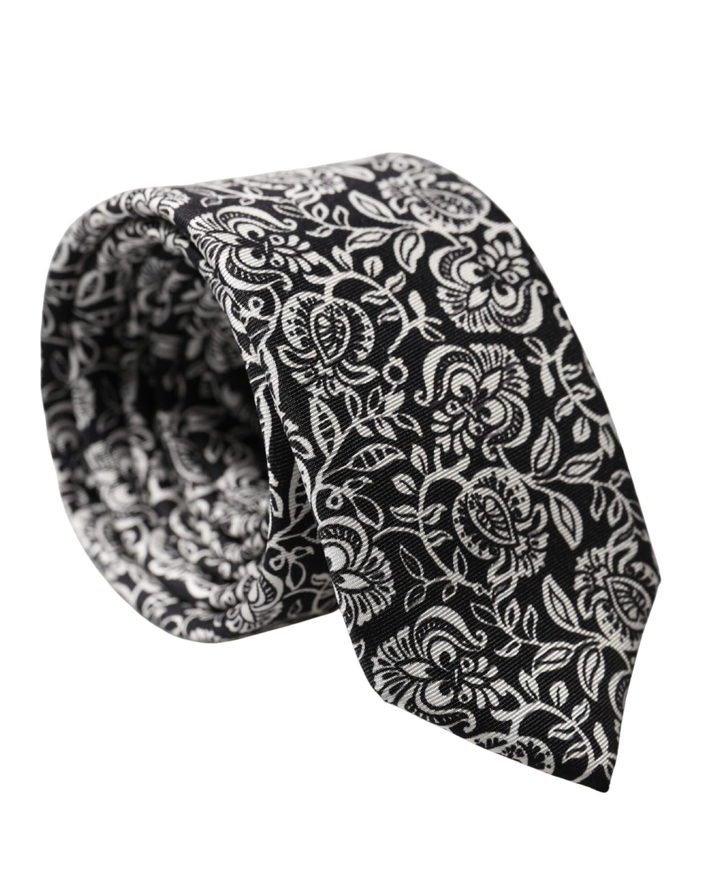Dolce & Gabbana Black White Floral Fantasy Silk Tie Adjustable