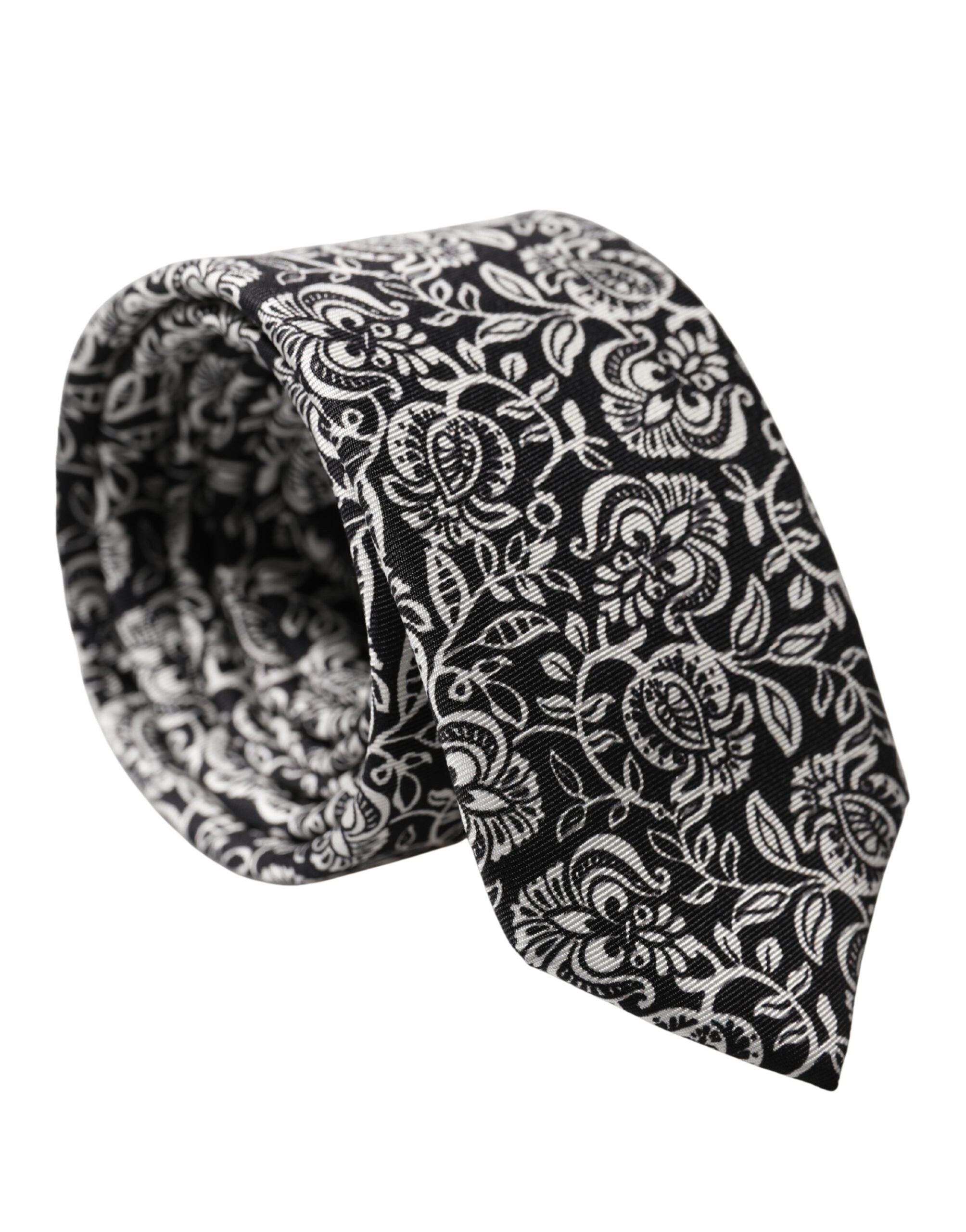 Dolce & Gabbana Black White Floral Fantasy Silk Tie Adjustable