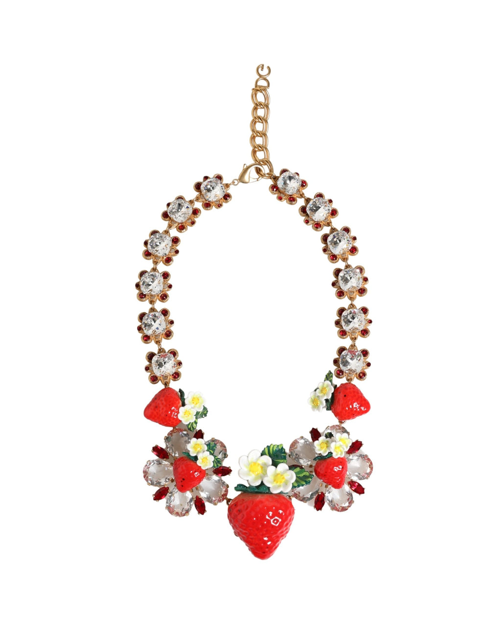 Dolce & Gabbana Halskette mit FRUIT-Anhängern aus goldfarbenem Messing, Blumen und Kristall-Logo