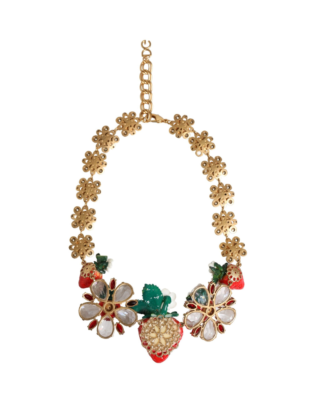Dolce & Gabbana Halskette mit FRUIT-Anhängern aus goldfarbenem Messing, Blumen und Kristall-Logo