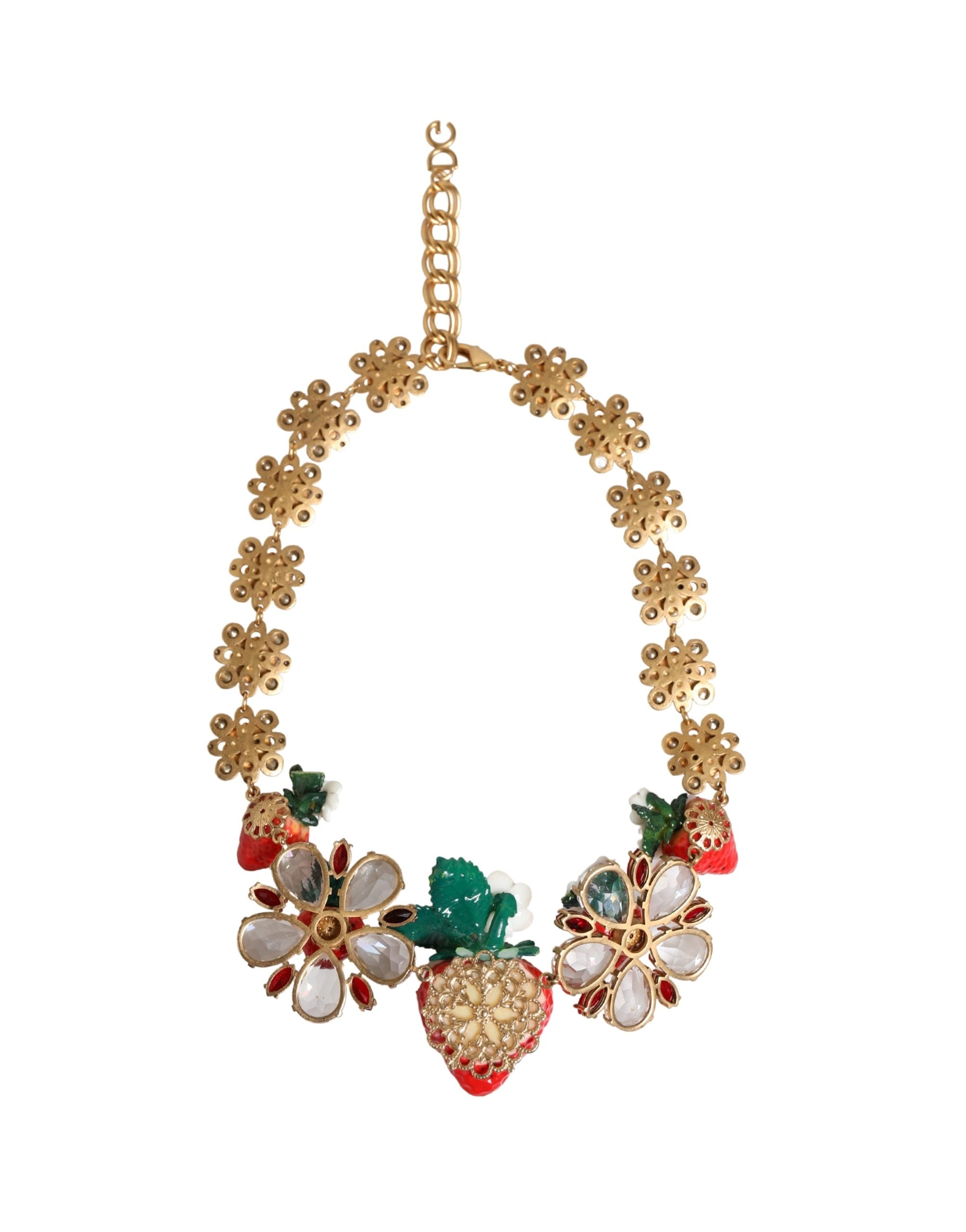 Dolce & Gabbana Halskette mit FRUIT-Anhängern aus goldfarbenem Messing, Blumen und Kristall-Logo
