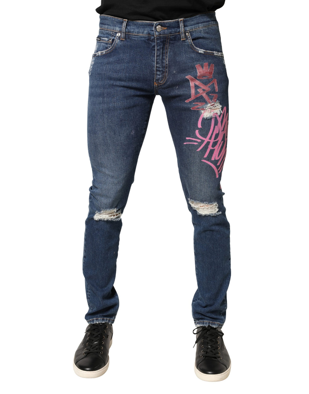 Dolce & Gabbana Blue Skinny Jeans with Distressed Graffiti Print
