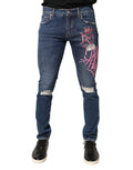 Dolce & Gabbana Blue Skinny Jeans with Distressed Graffiti Print