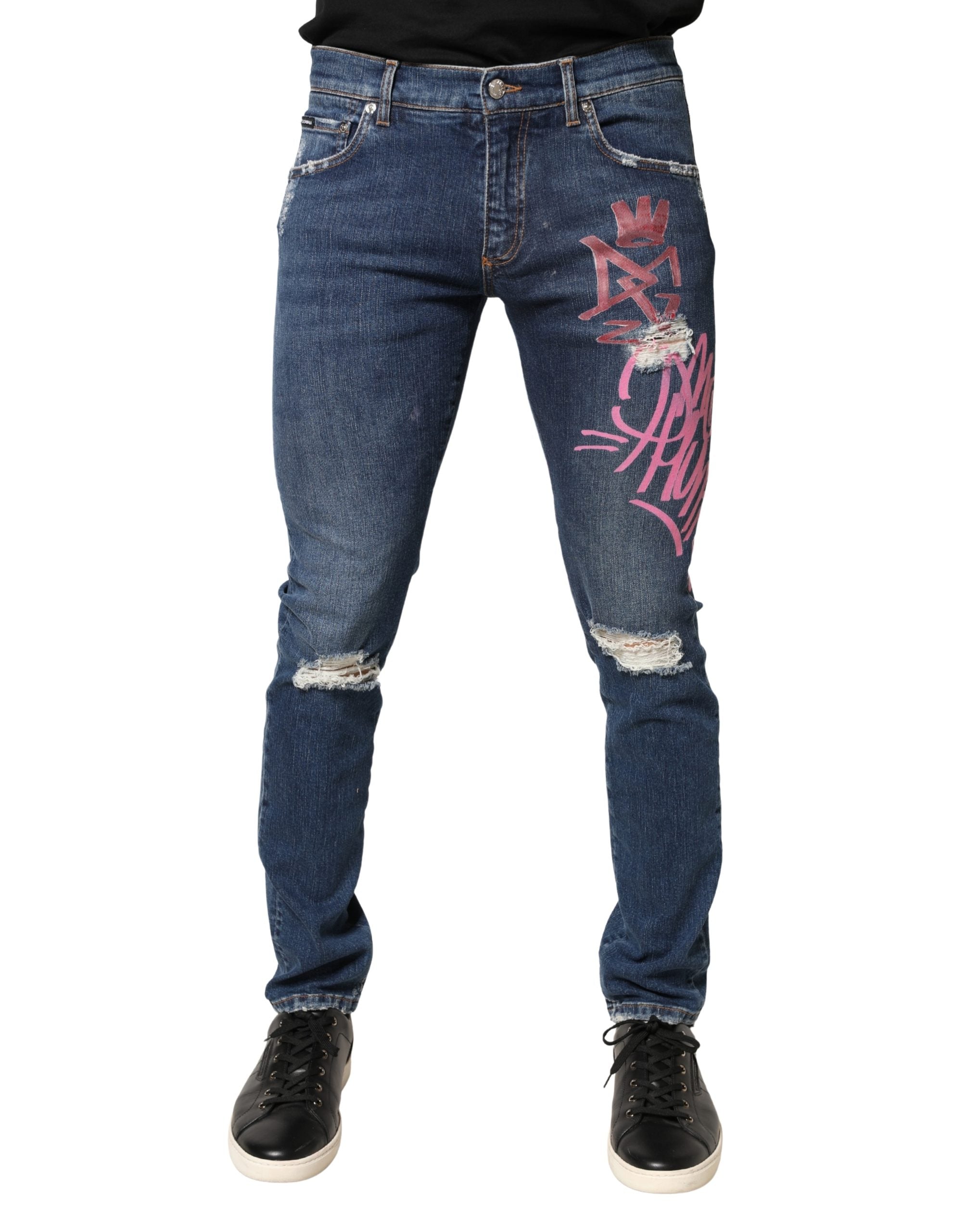 Dolce & Gabbana Blue Skinny Jeans with Distressed Graffiti Print