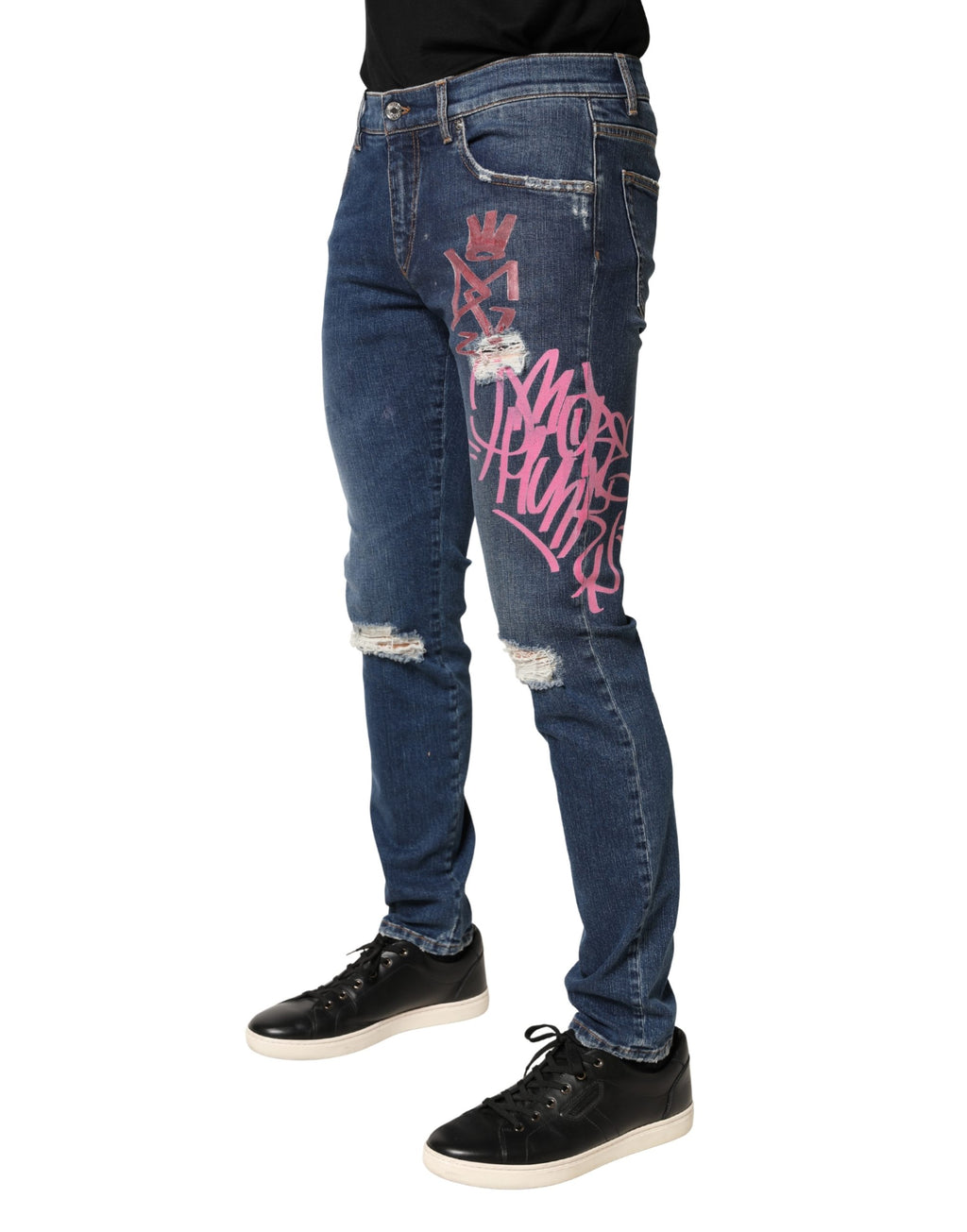 Dolce & Gabbana Blue Skinny Jeans with Distressed Graffiti Print
