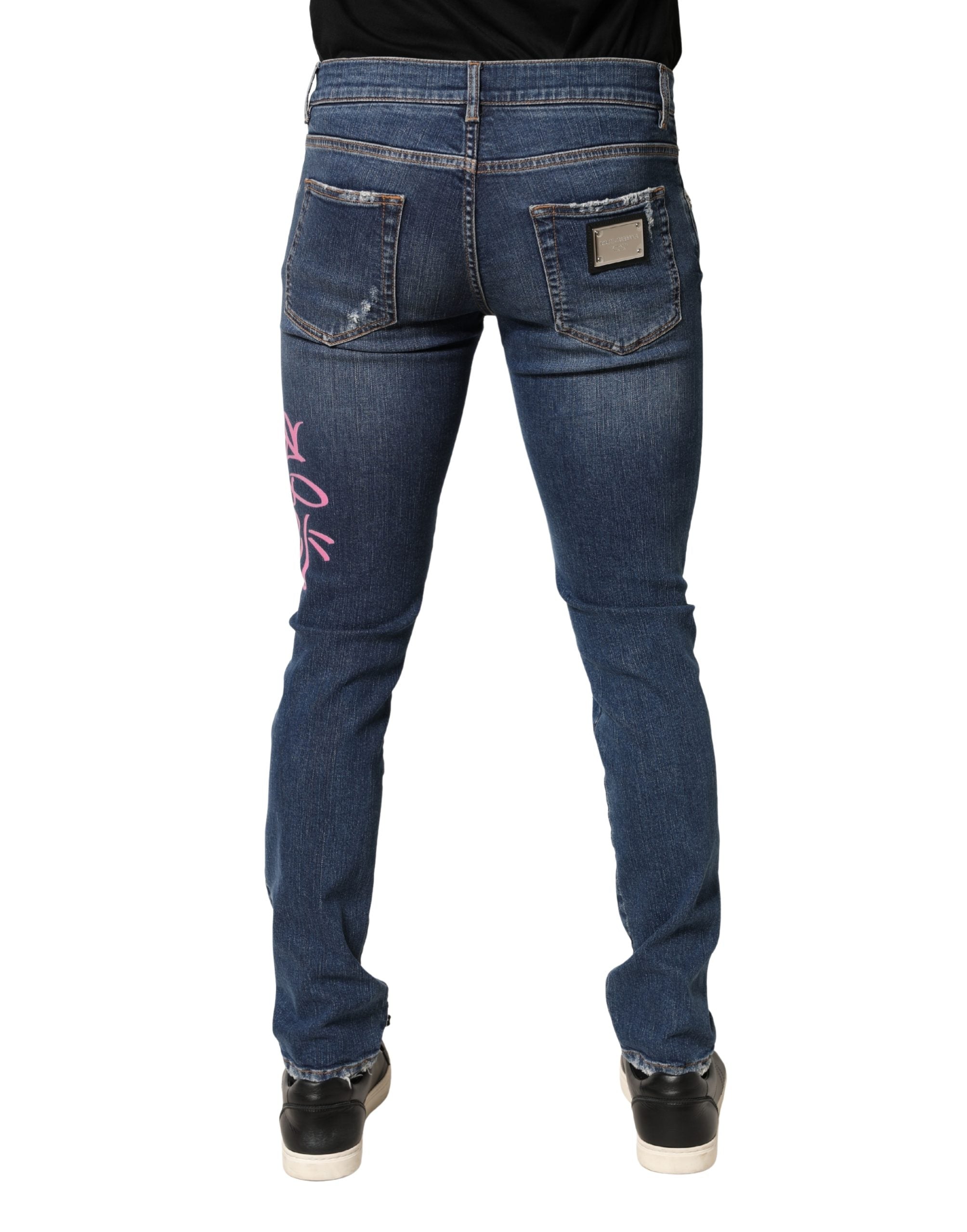 Dolce & Gabbana Blue Skinny Jeans with Distressed Graffiti Print