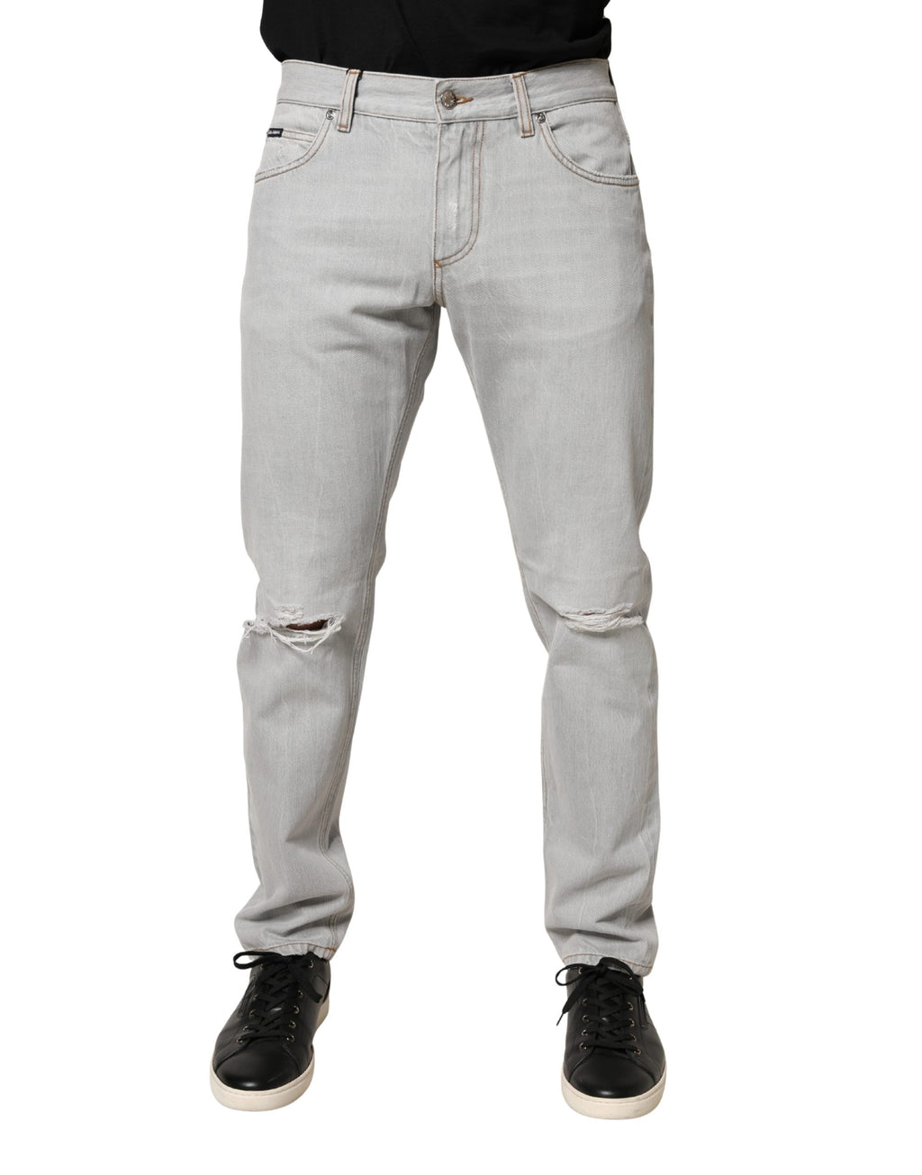 Dolce & Gabbana Hellgraue Ripped Baumwoll-Jeans im Regular Fit