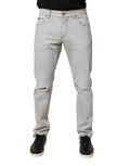 Dolce & Gabbana Hellgraue Ripped Baumwoll-Jeans im Regular Fit