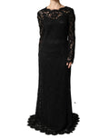 Dolce & Gabbana Black Cotton Maxi Dress with Lace Trim and Long Sleeves