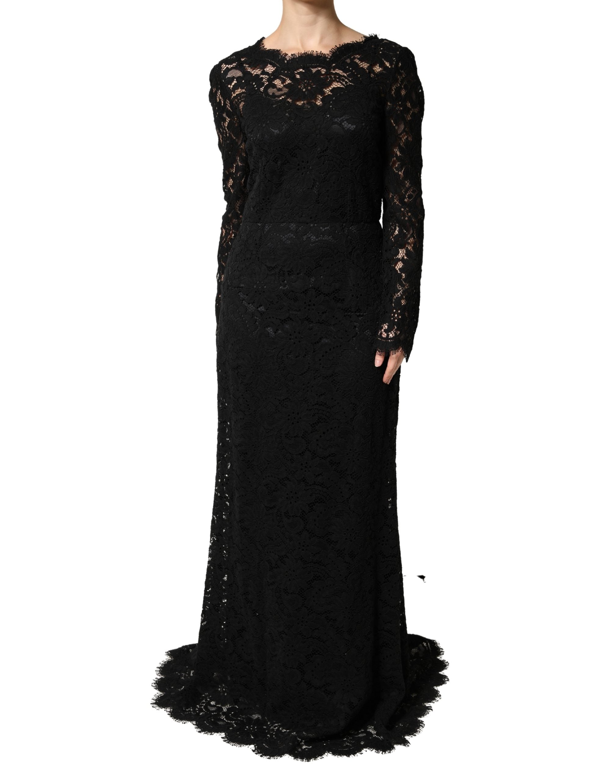 Dolce & Gabbana Black Cotton Maxi Dress with Lace Trim and Long Sleeves