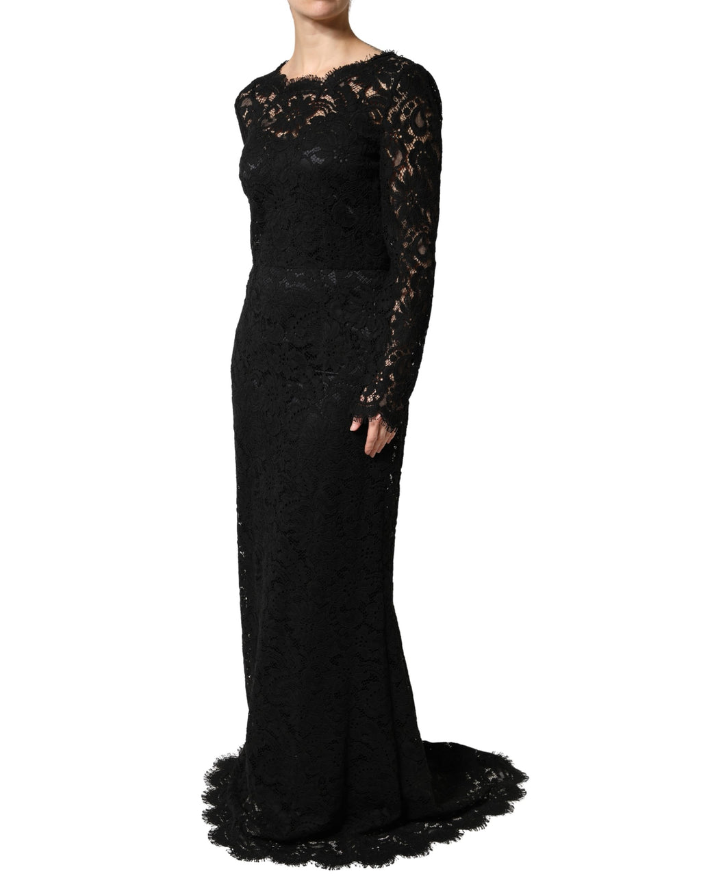 Dolce & Gabbana Black Cotton Maxi Dress with Lace Trim and Long Sleeves