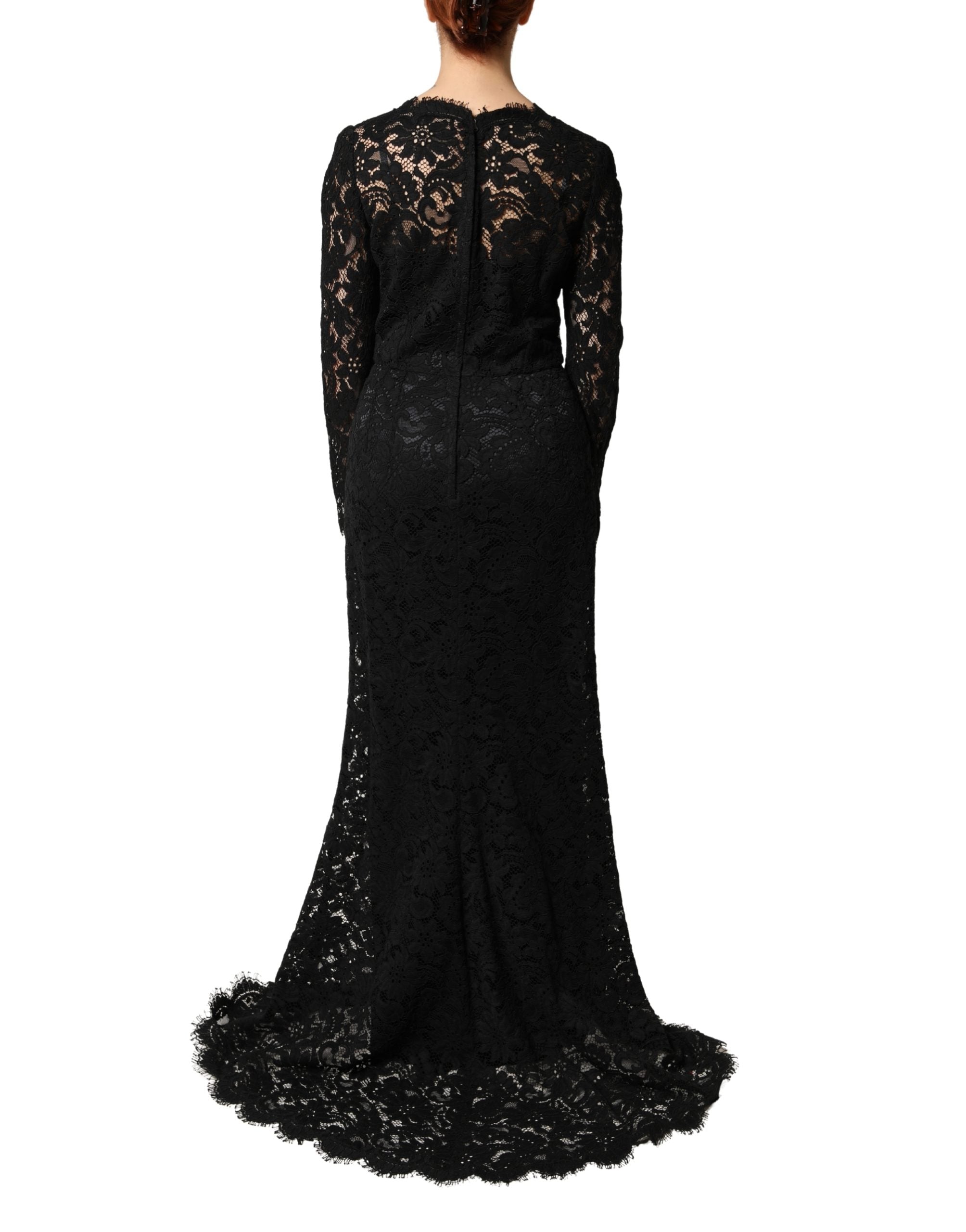 Dolce & Gabbana Black Cotton Maxi Dress with Lace Trim and Long Sleeves