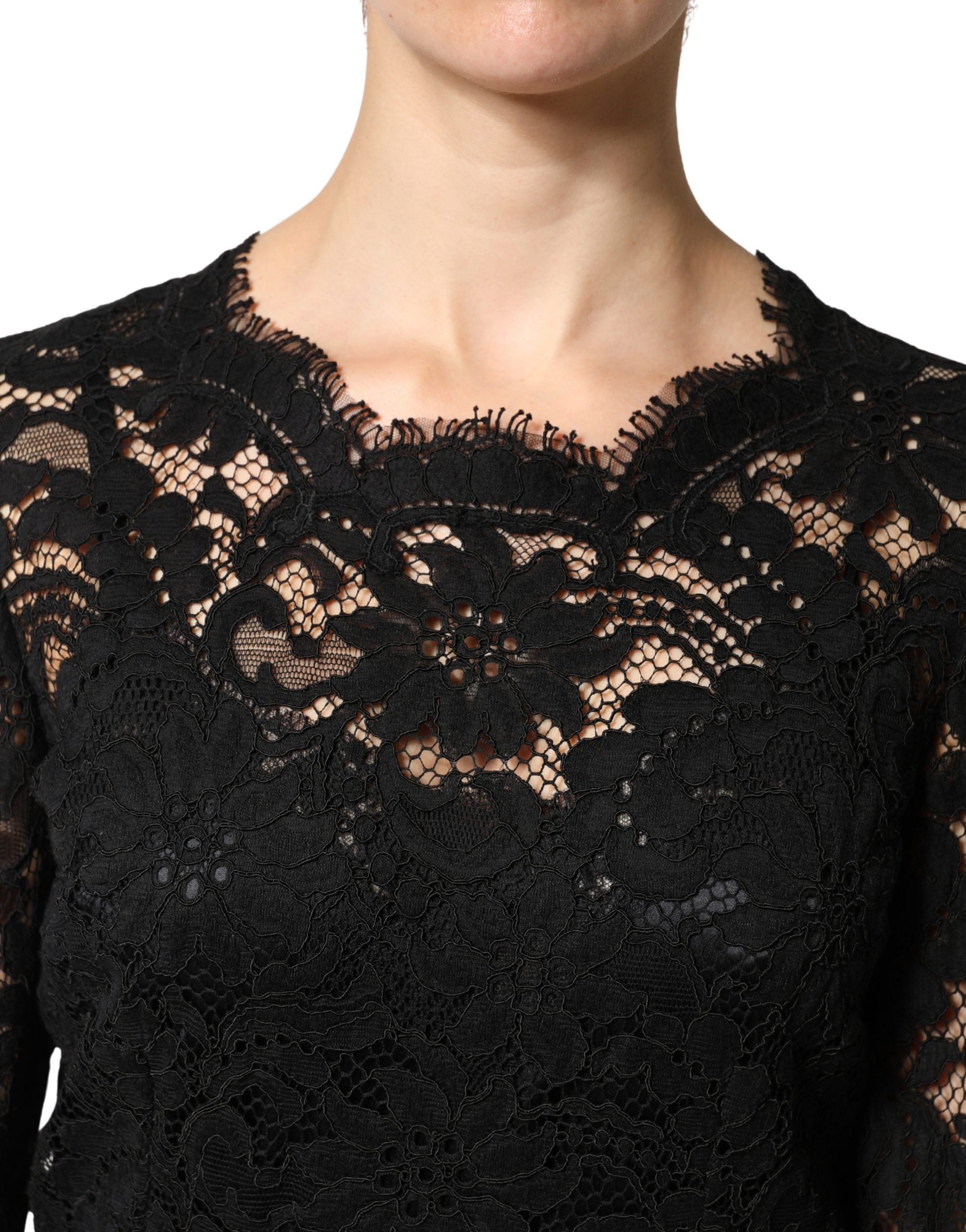 Dolce & Gabbana Black Cotton Maxi Dress with Lace Trim and Long Sleeves