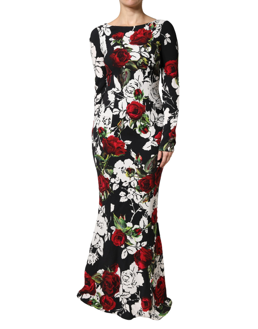 Dolce & Gabbana Schwarzes bodenlanges Etuikleid aus Viskose mit Blumenprint
