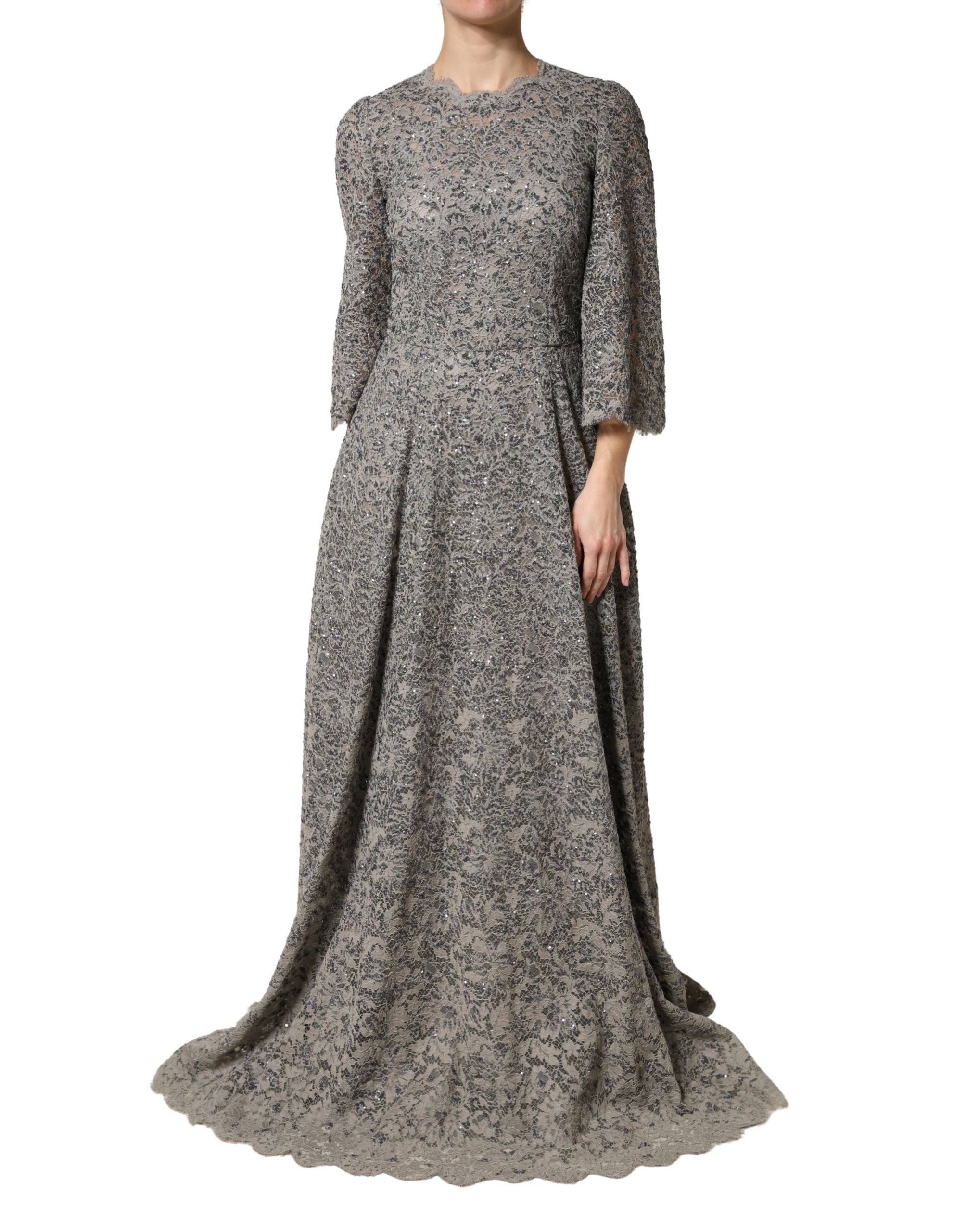 Dolce & Gabbana Grey Cotton Maxi Dress with Lace Trim and Long Sleeves