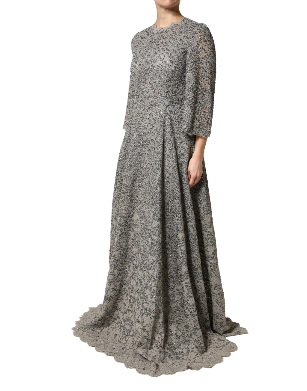 Dolce & Gabbana Grey Cotton Maxi Dress with Lace Trim and Long Sleeves