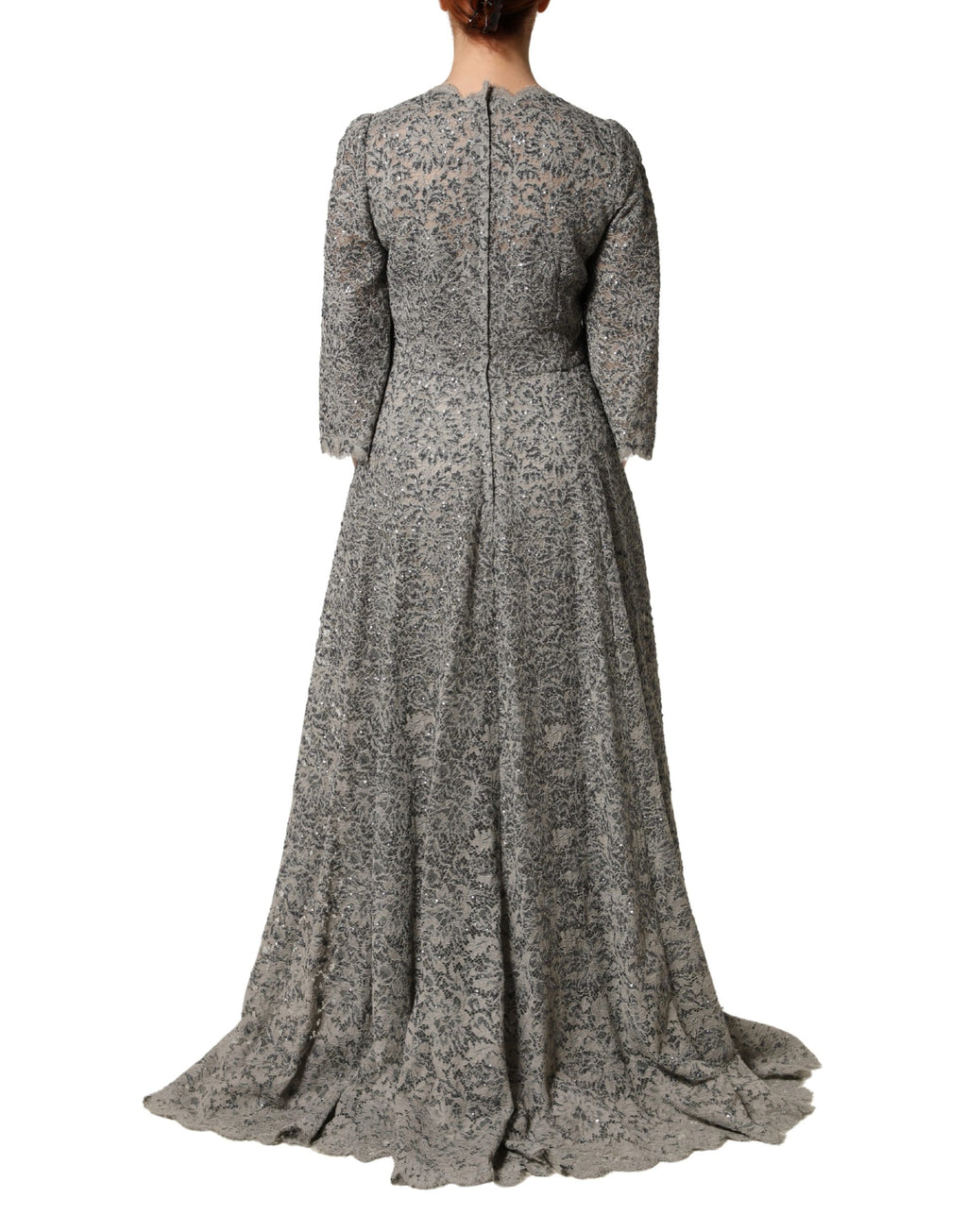 Dolce & Gabbana Grey Cotton Maxi Dress with Lace Trim and Long Sleeves