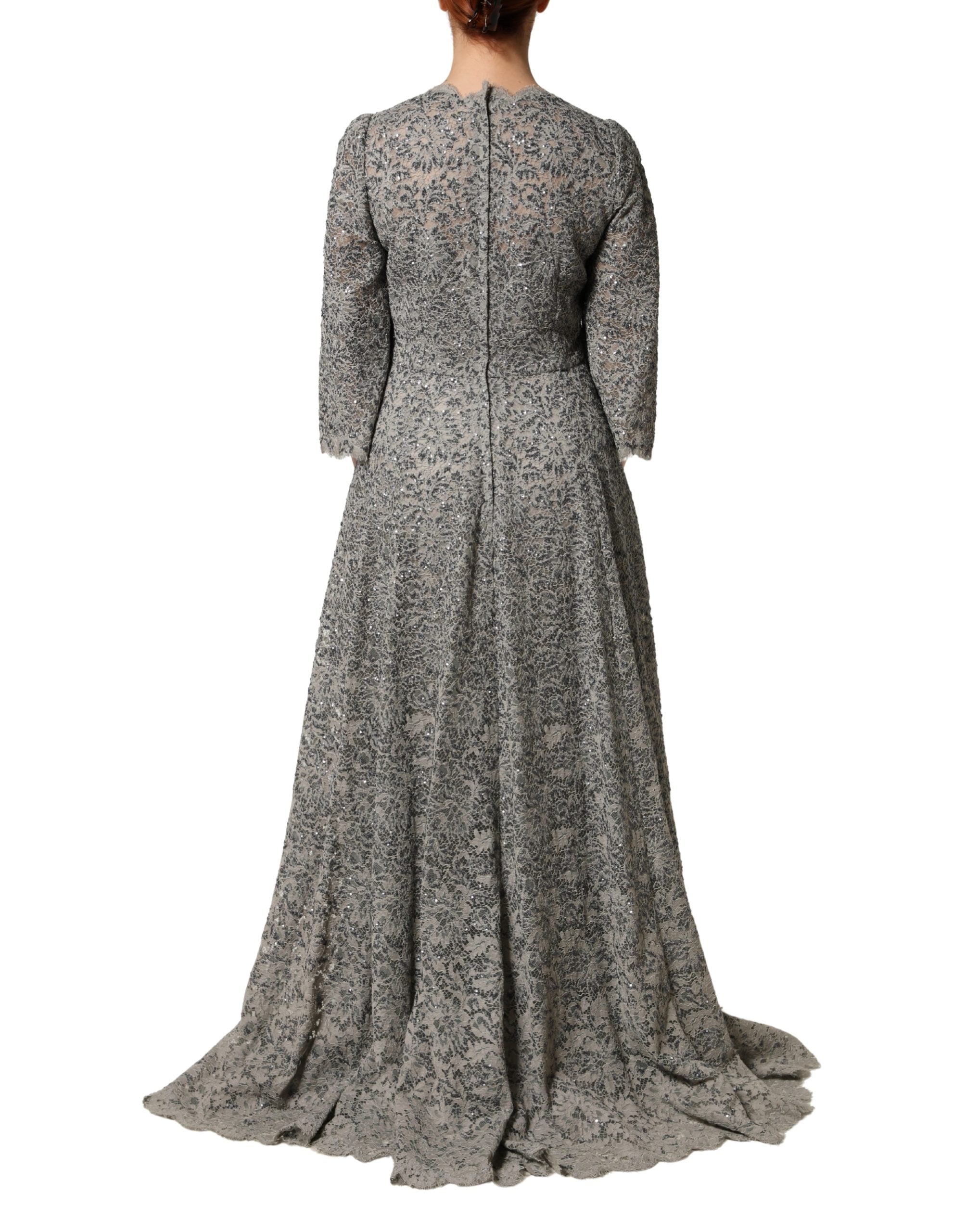 Dolce & Gabbana Grey Cotton Maxi Dress with Lace Trim and Long Sleeves