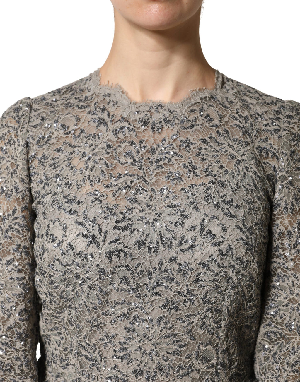 Dolce & Gabbana Grey Cotton Maxi Dress with Lace Trim and Long Sleeves