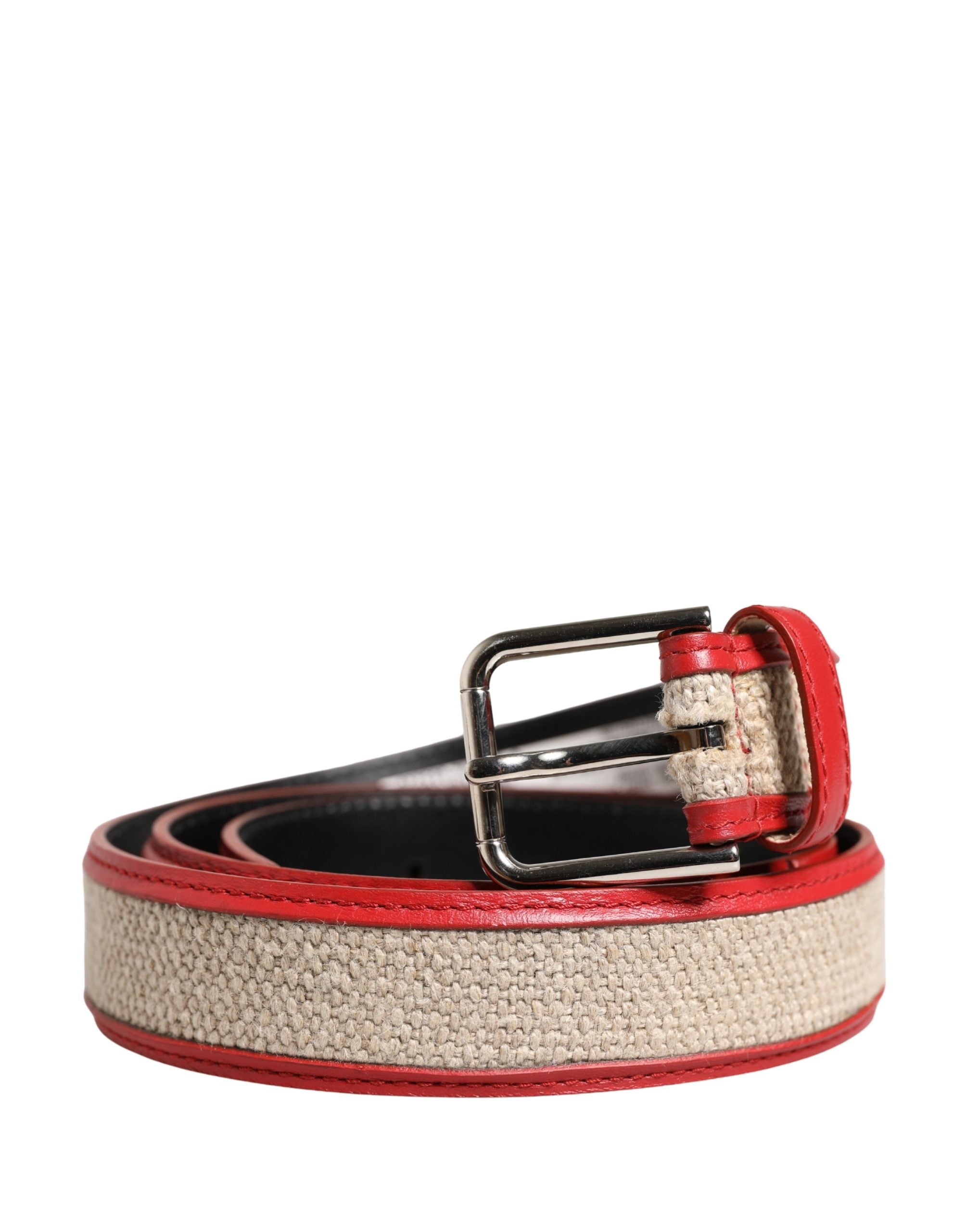 Dolce & Gabbana Men's Woven Leather Belt in Beige and Red with Metal Buckle