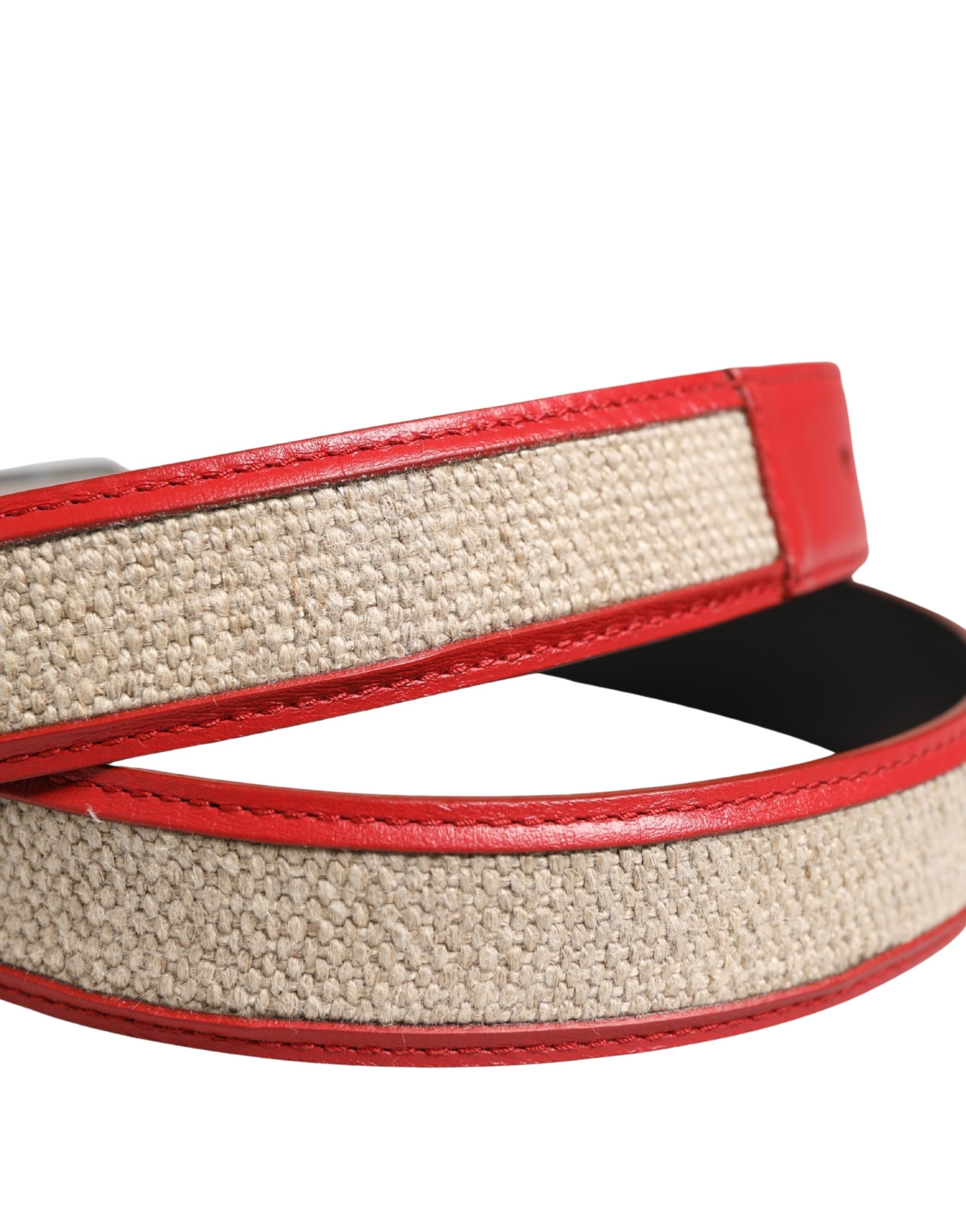 Dolce & Gabbana Men's Woven Leather Belt in Beige and Red with Metal Buckle