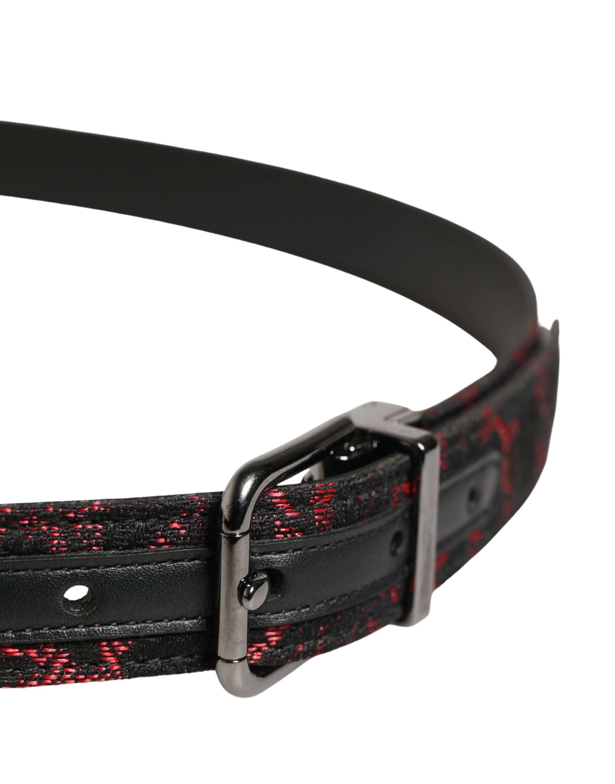 Dolce & Gabbana Black Polyester Belt with Silver Metal Buckle and Red Accents