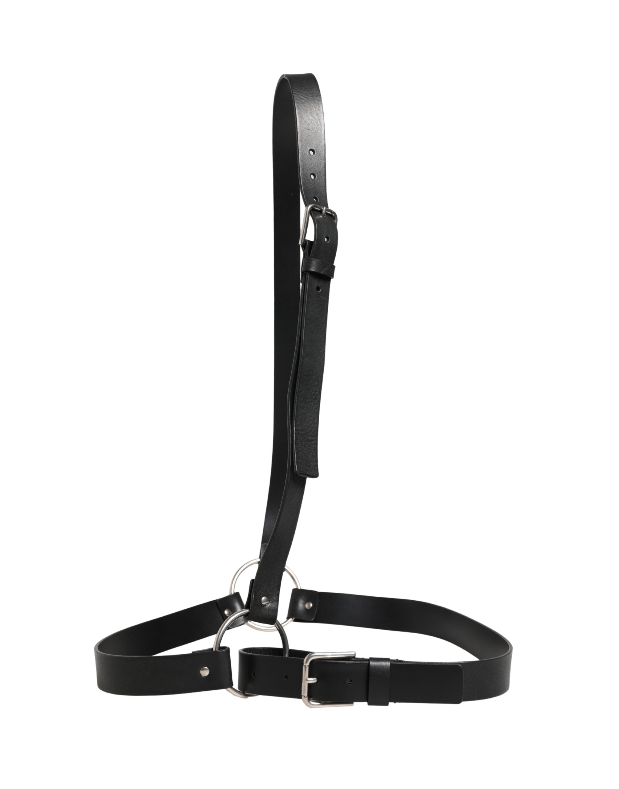 Dolce & Gabbana Black Leather Double Strap Belt with Silver Buckle