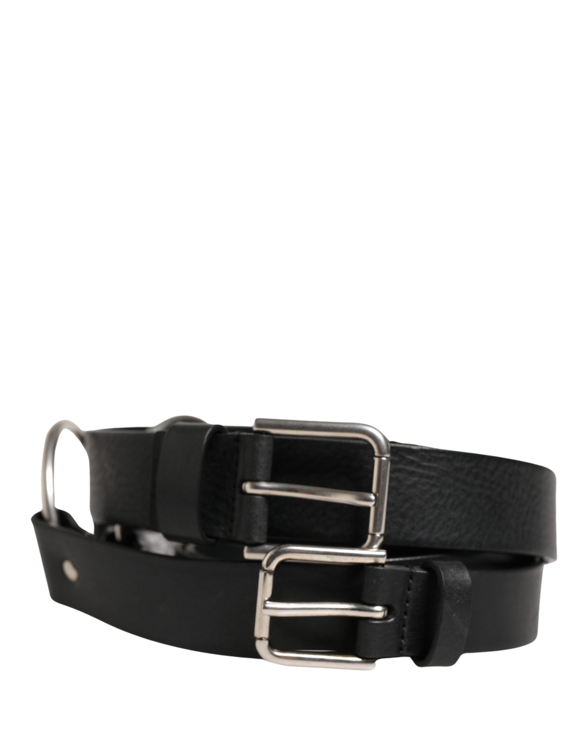 Dolce & Gabbana Black Leather Double Strap Belt with Silver Buckle