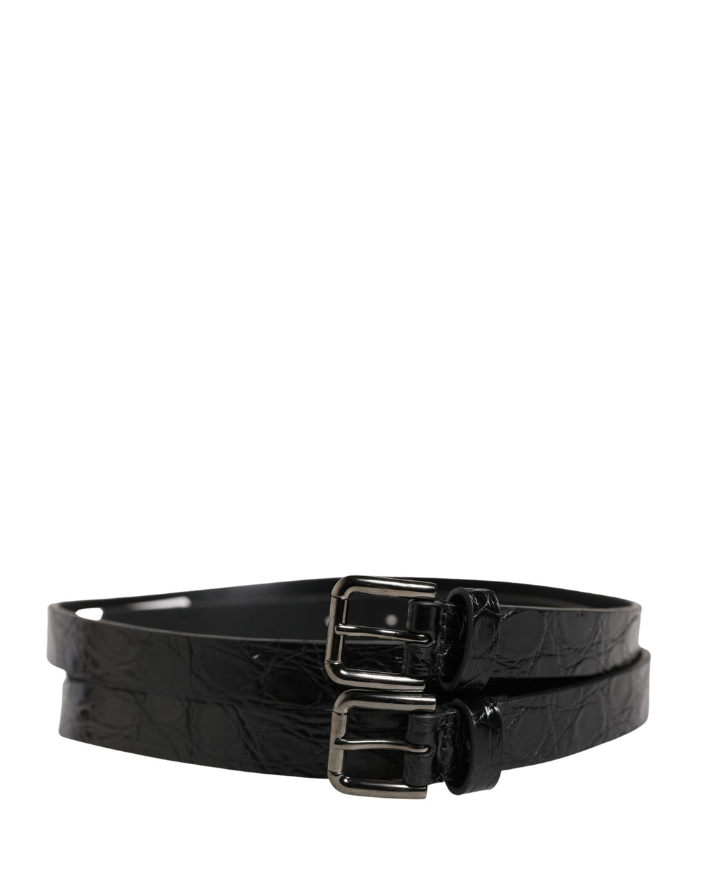 Dolce & Gabbana Black Leather Double Strap Belt with Silver Buckle