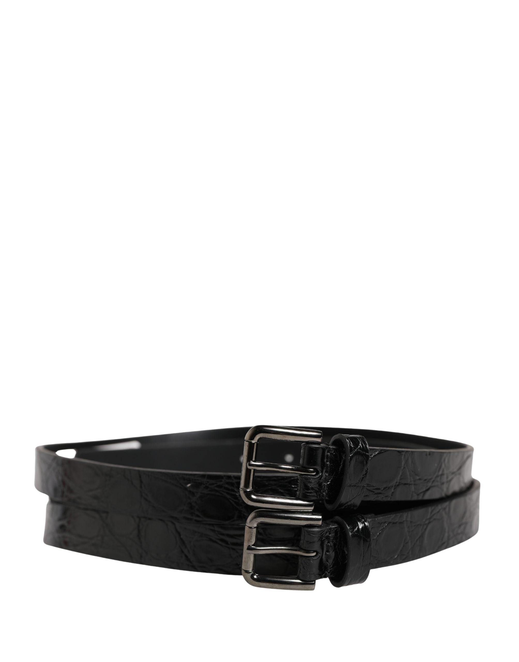 Dolce & Gabbana Black Leather Double Strap Belt with Silver Buckle