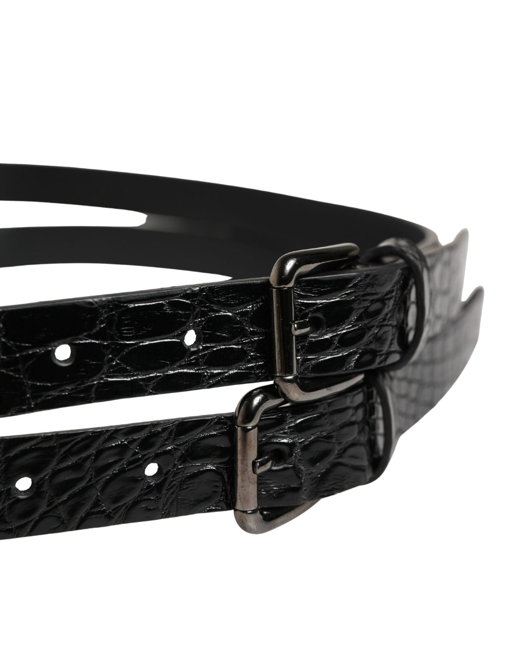 Dolce & Gabbana Black Leather Double Strap Belt with Silver Buckle