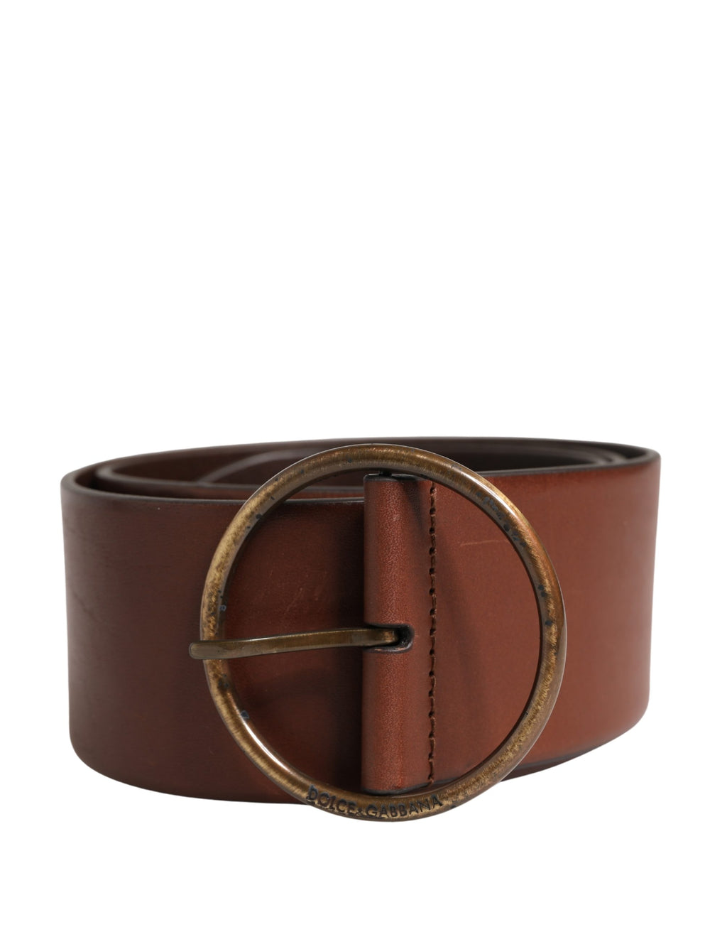 Dolce & Gabbana Brown Leather Belt with Wide Waistband and Round Metal Buckle