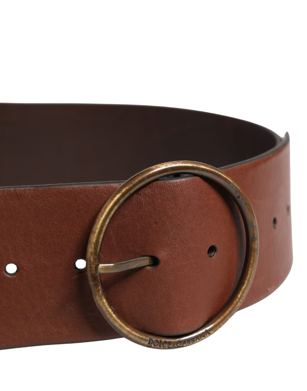 Dolce & Gabbana Brown Leather Belt with Wide Waistband and Round Metal Buckle