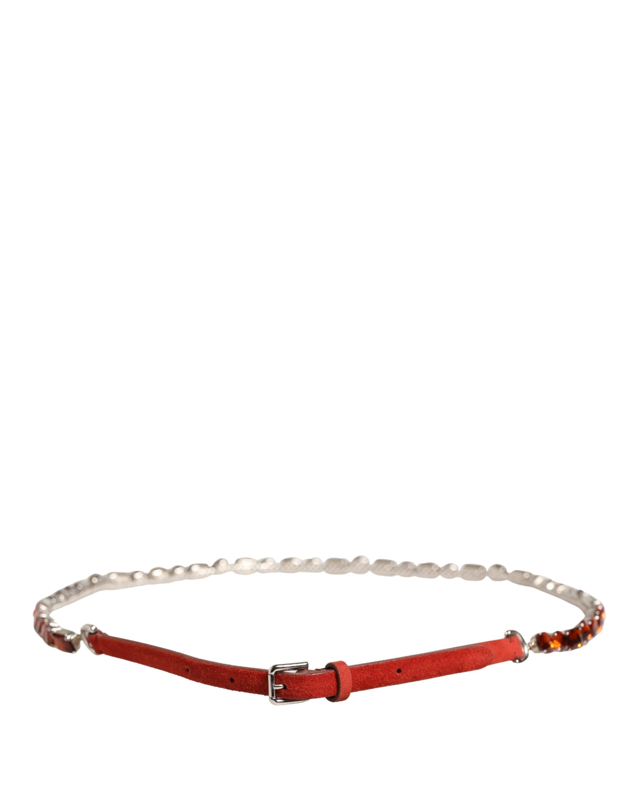 Dolce & Gabbana Red Velvet Belt with Crystal Embellishment and Chain