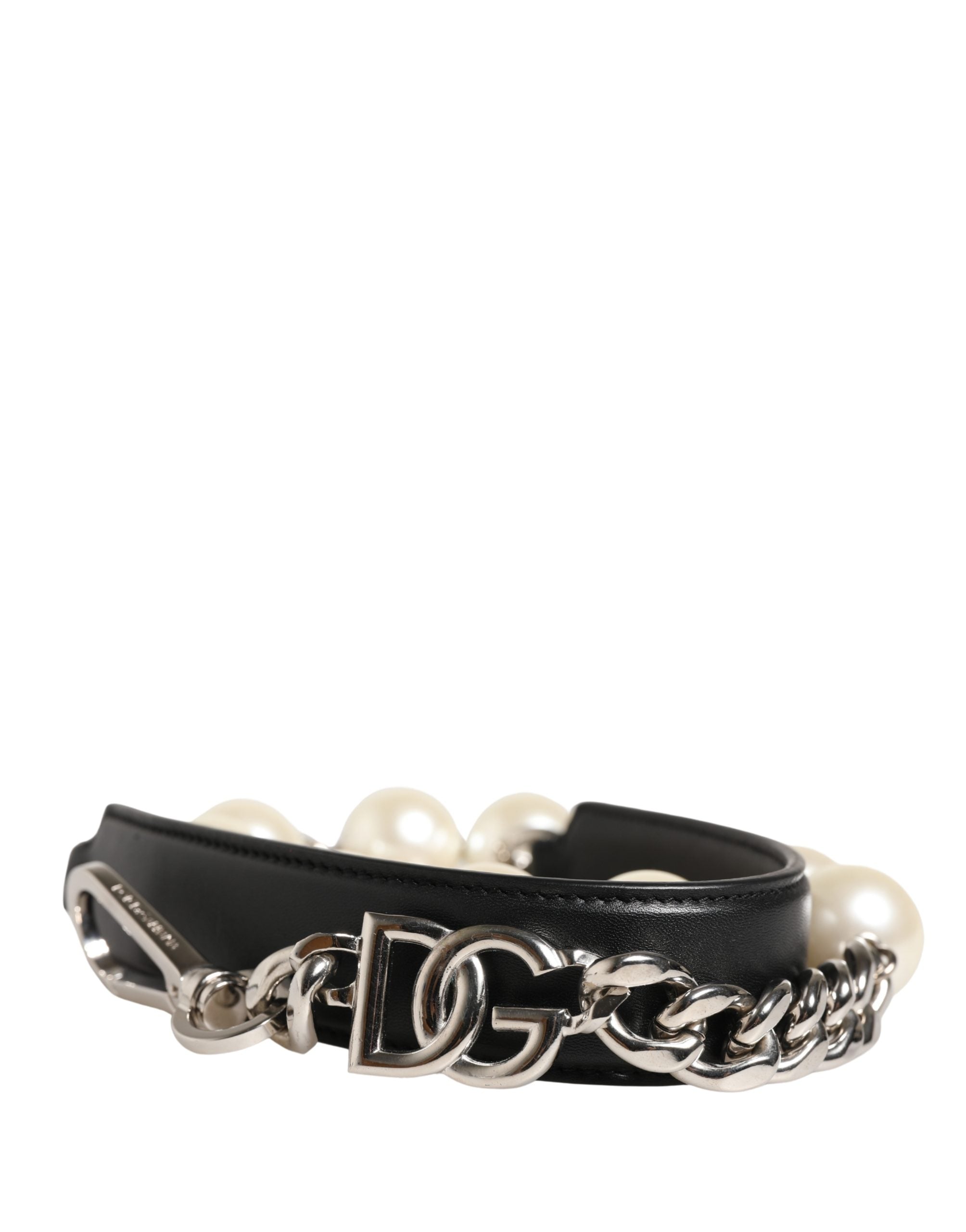 Dolce & Gabbana Black Leather Shoulder Strap with Silver Chain