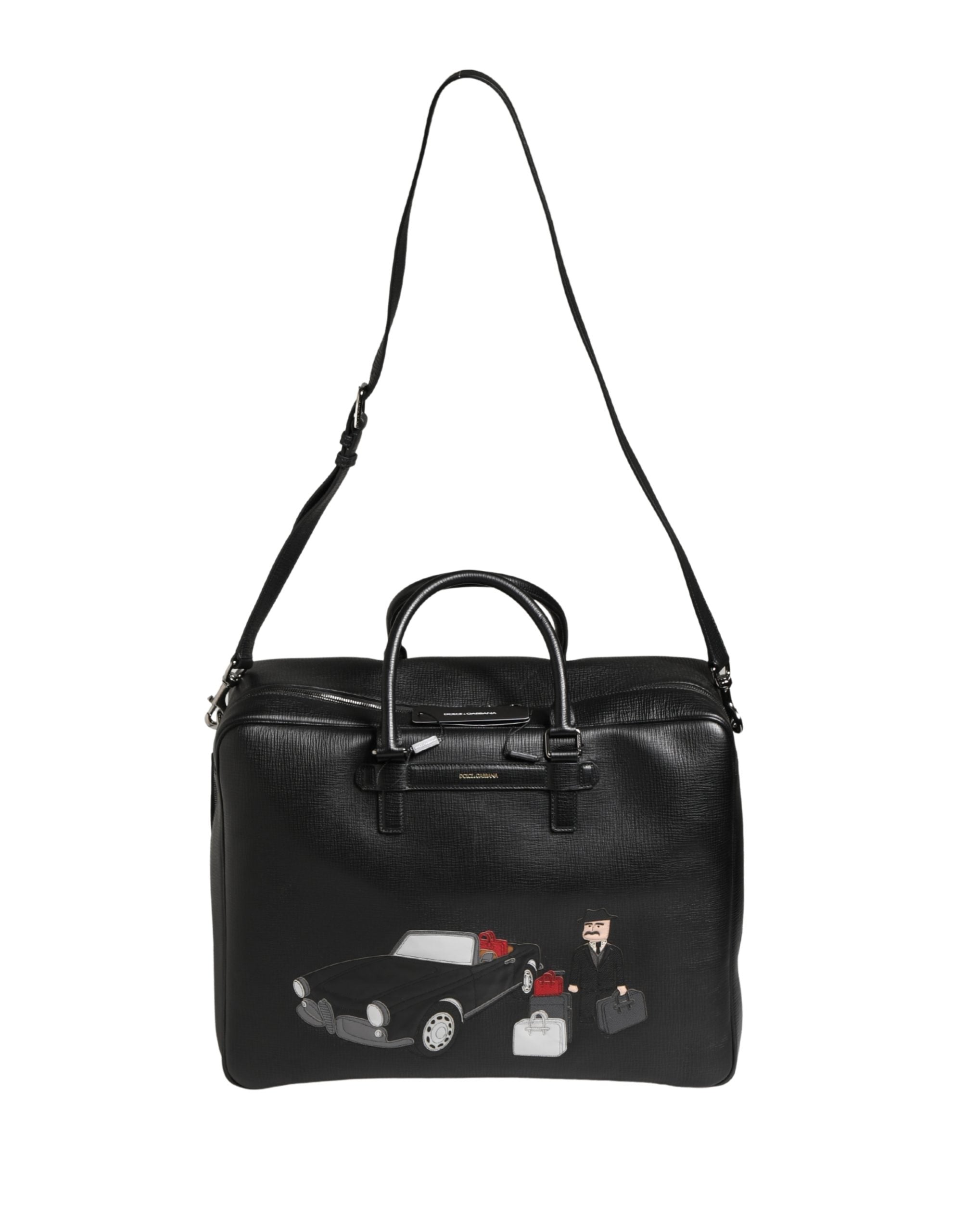Dolce & Gabbana Schwarze Leder-Weekender-Tasche mit Auto-Applikation