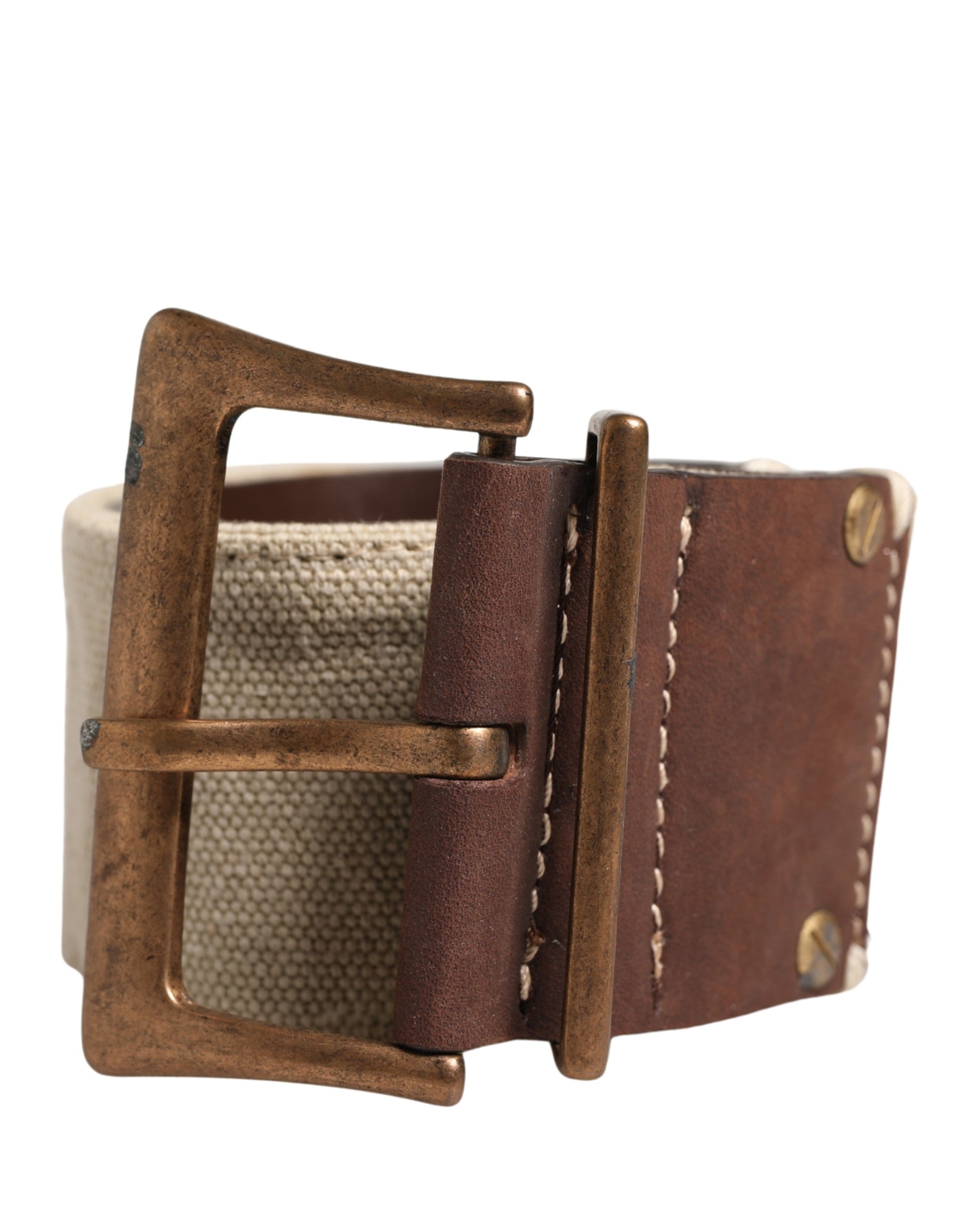 Ermanno Scervino Beige-brauner Leder-Canvas-Gürtel mit Metallschnalle