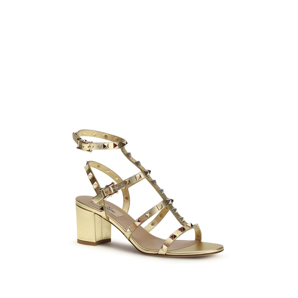 Valentino Garavani Gold Calf Leather Bos Taurus Strap Sandals