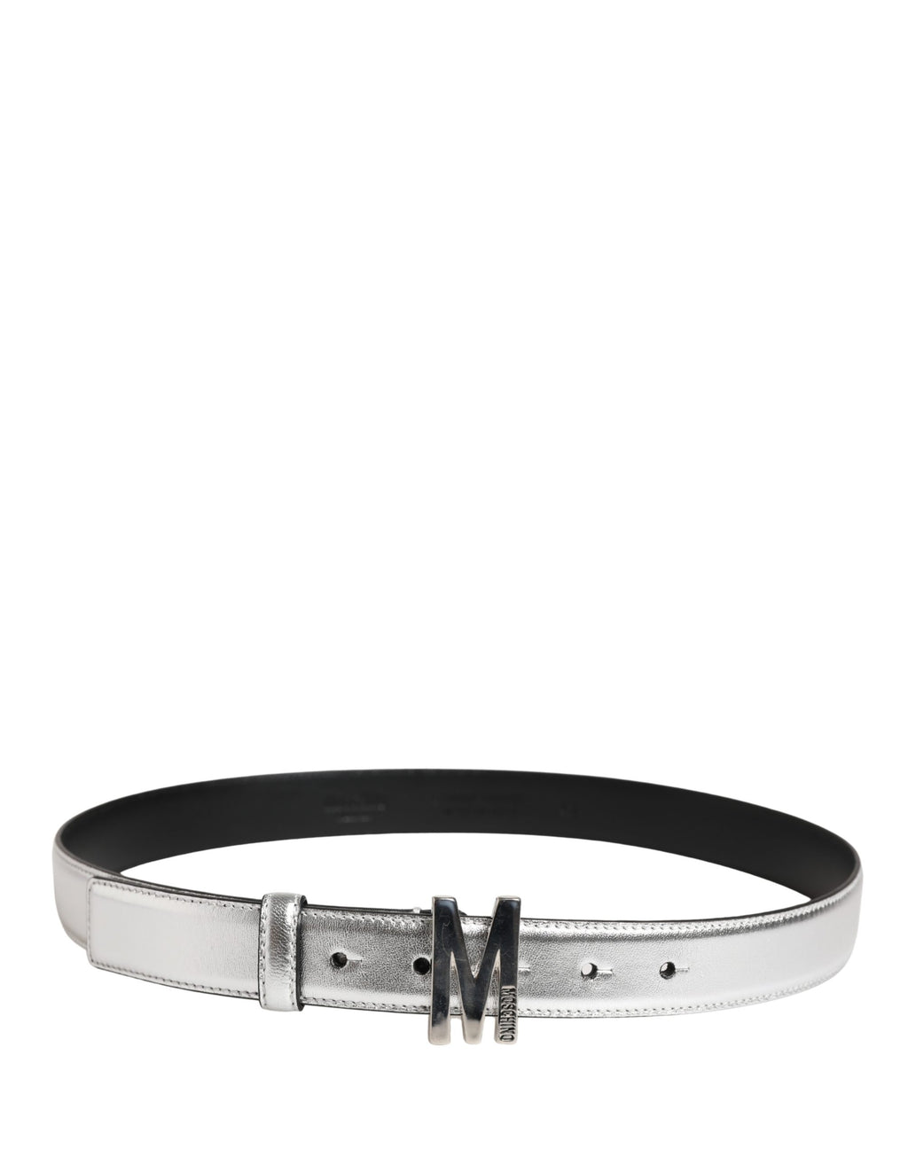 Moschino Couture Silberner Ledergürtel mit Logo und Metallschnalle