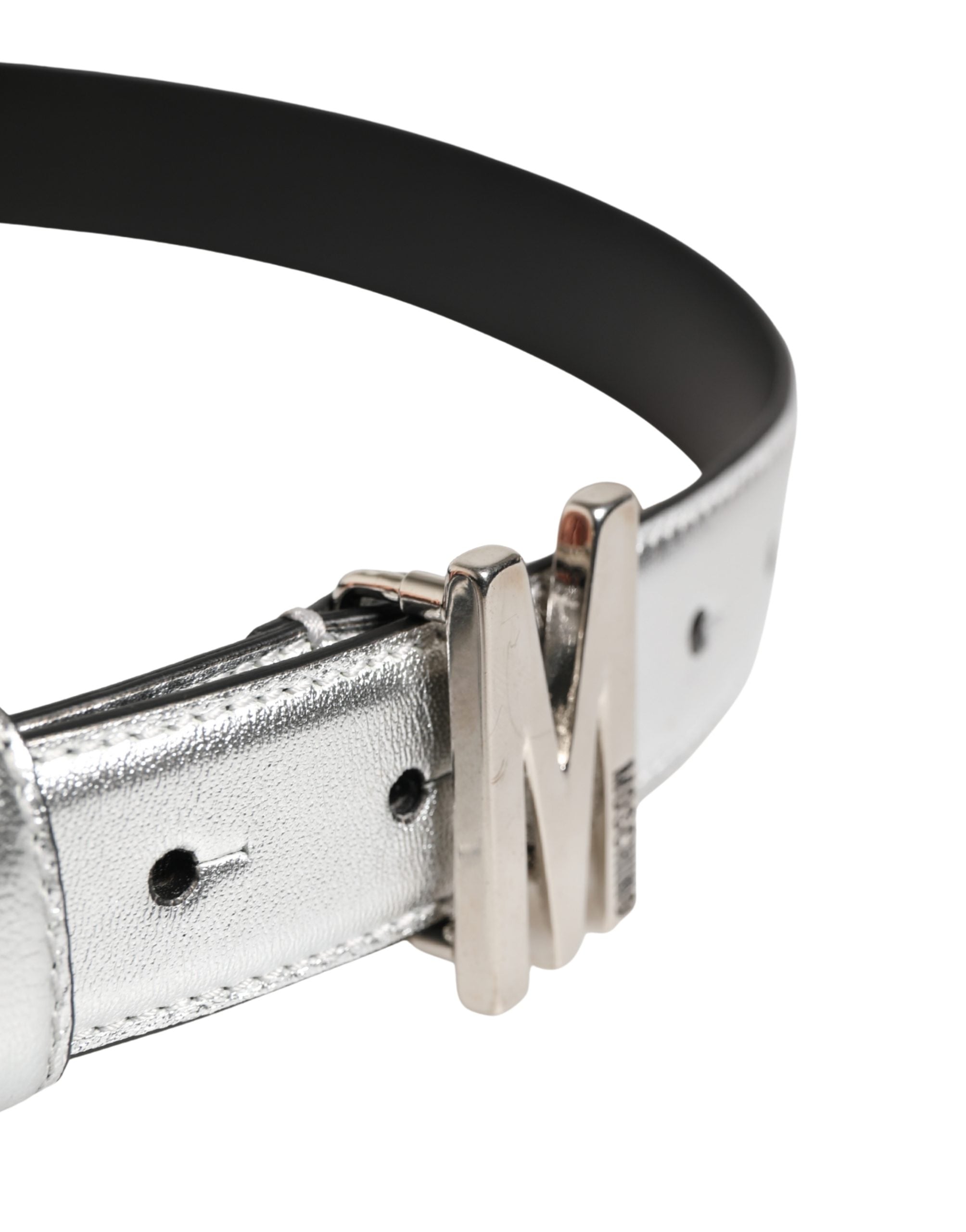 Moschino Couture Silberner Ledergürtel mit Logo und Metallschnalle
