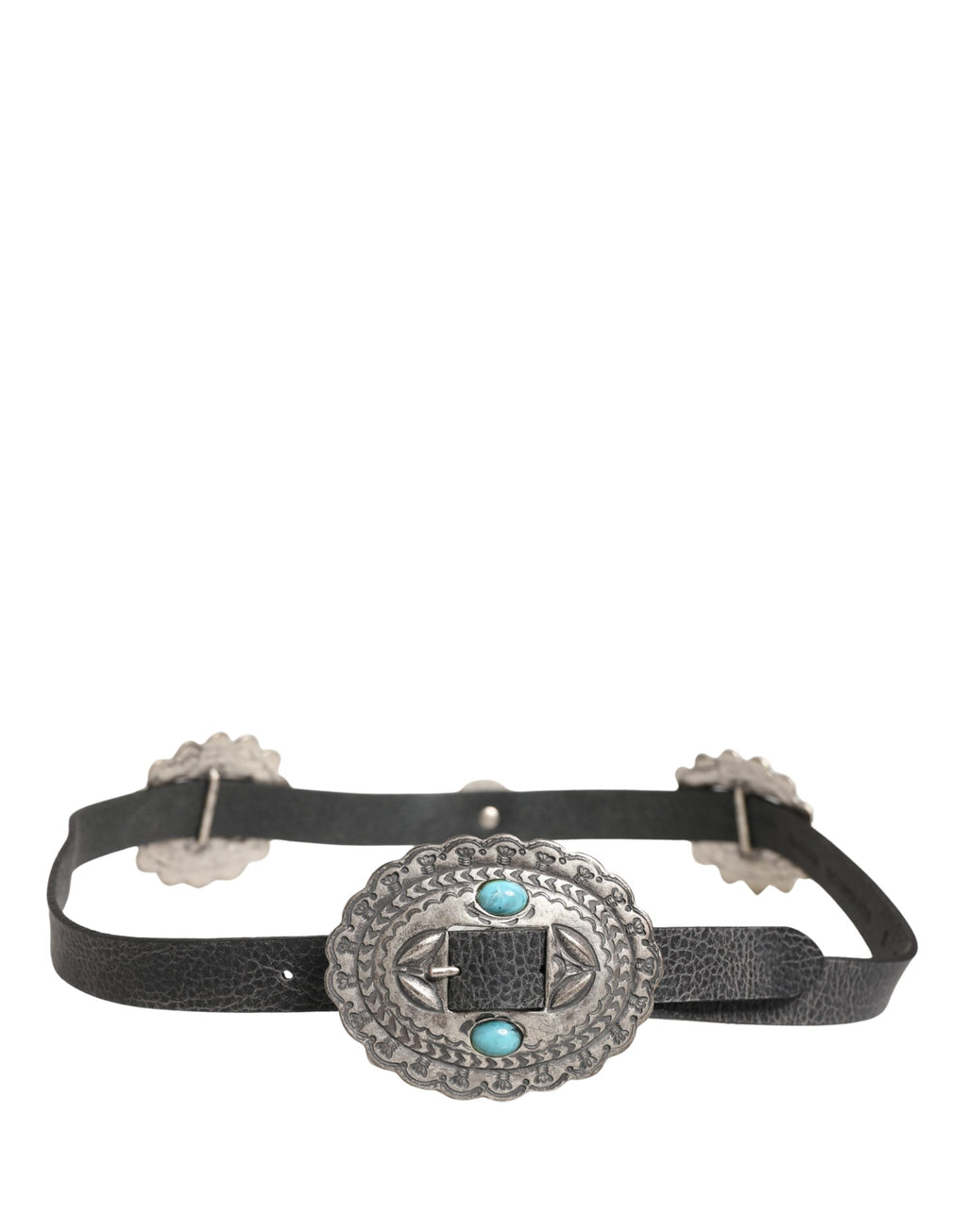 Cavalli Class Black Leather Belt with Turquoise Oval Buckle