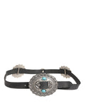 Cavalli Class Black Leather Belt with Turquoise Oval Buckle