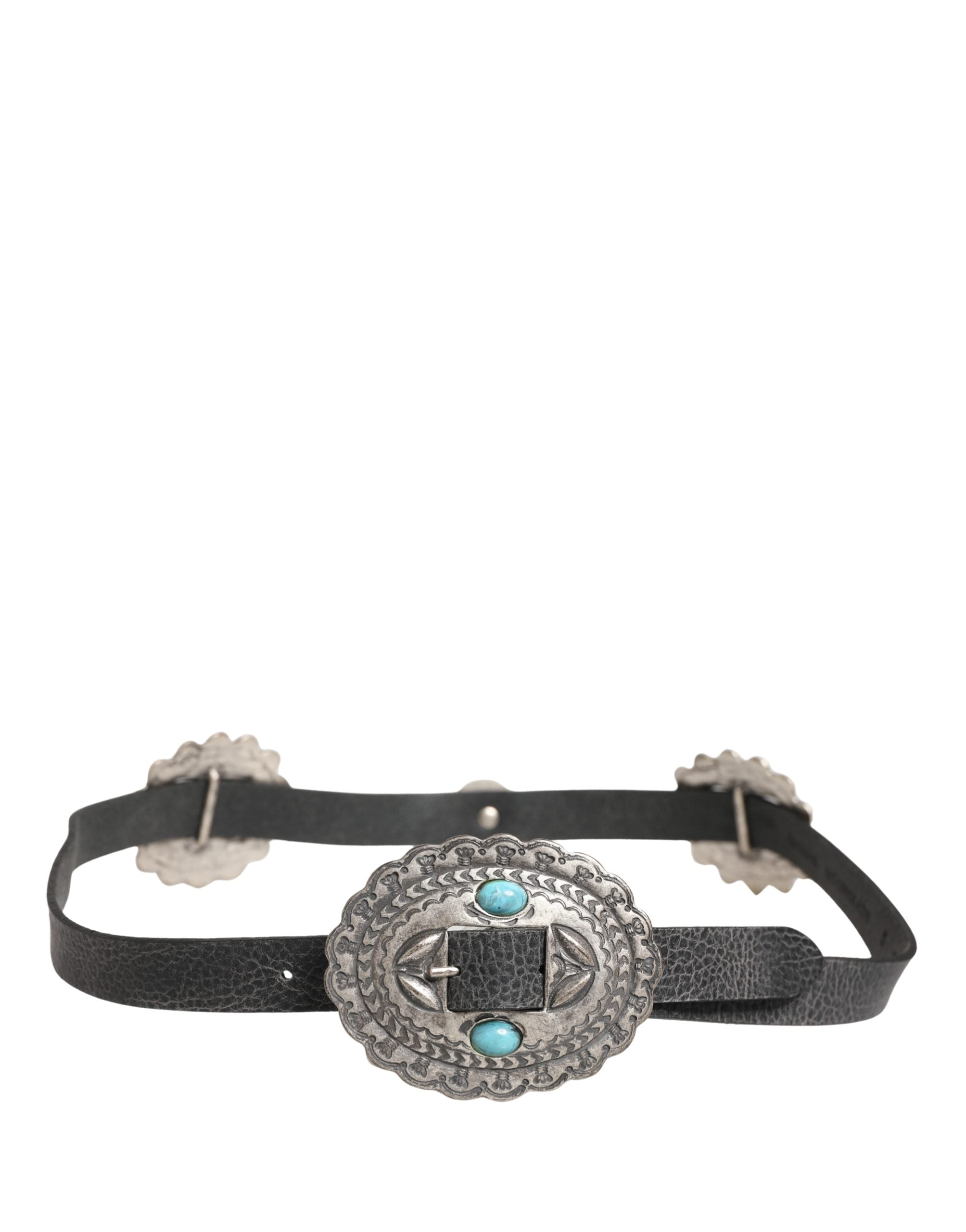Cavalli Class Black Leather Belt with Turquoise Oval Buckle