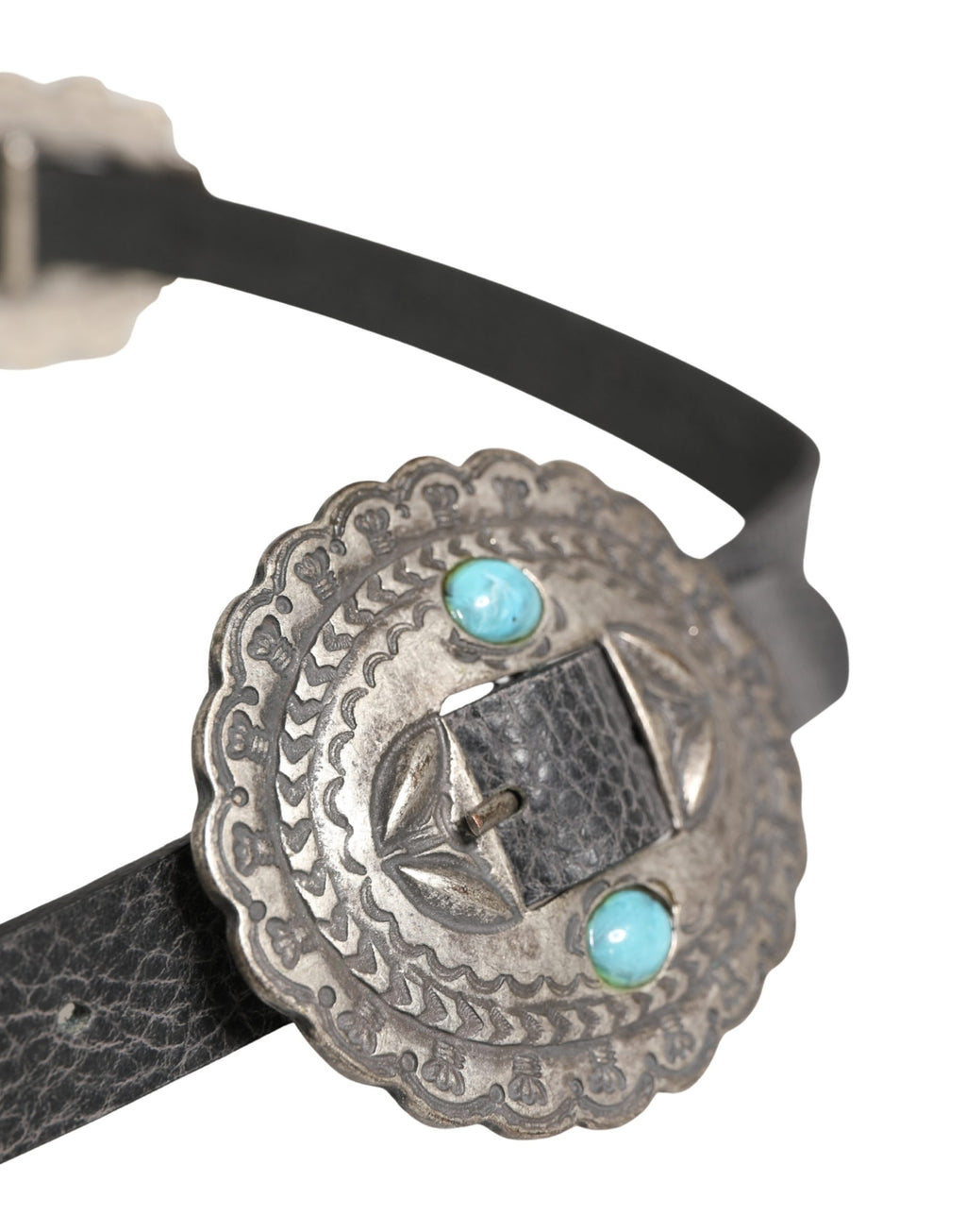Cavalli Class Black Leather Belt with Turquoise Oval Buckle