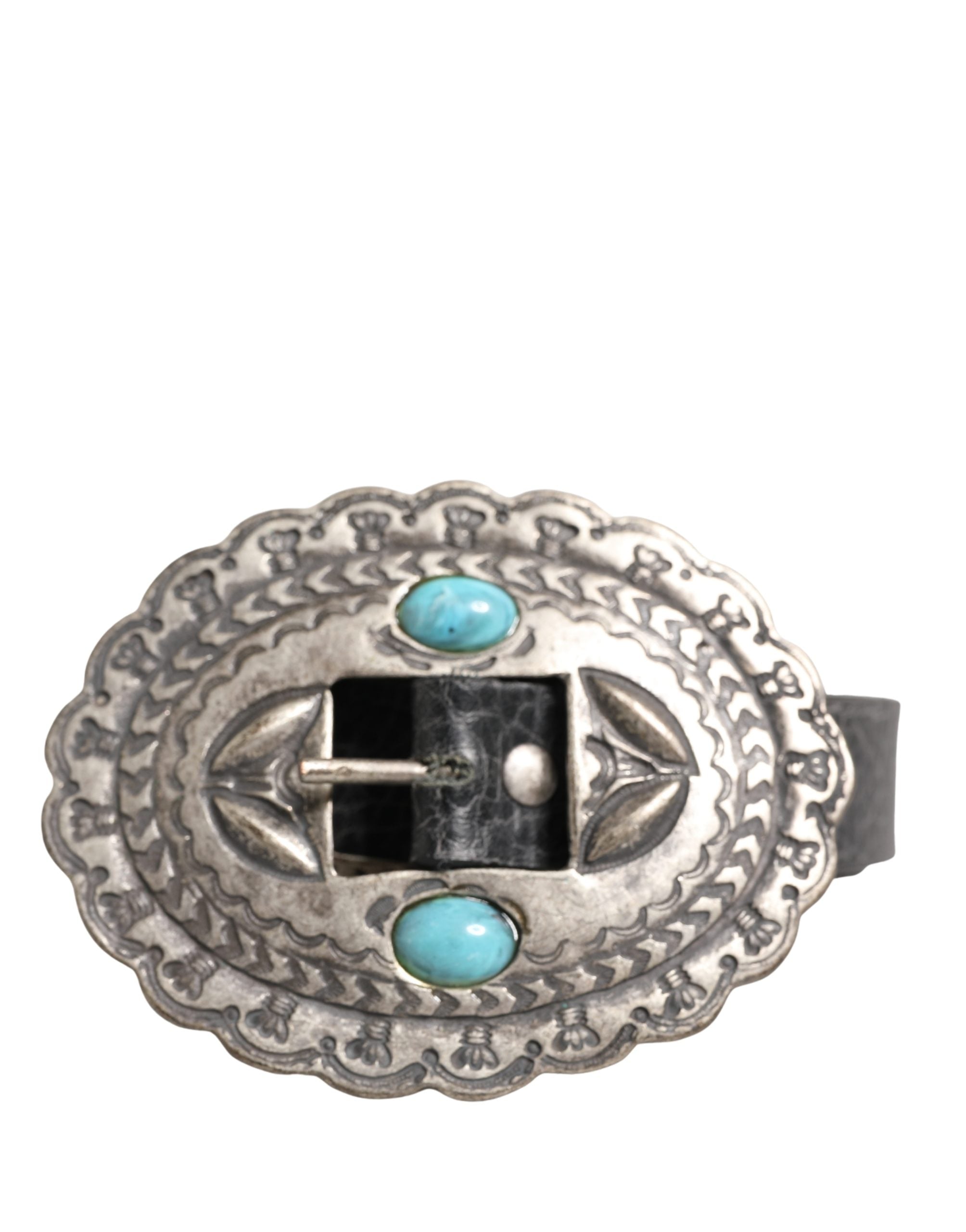 Cavalli Class Black Leather Belt with Turquoise Oval Buckle