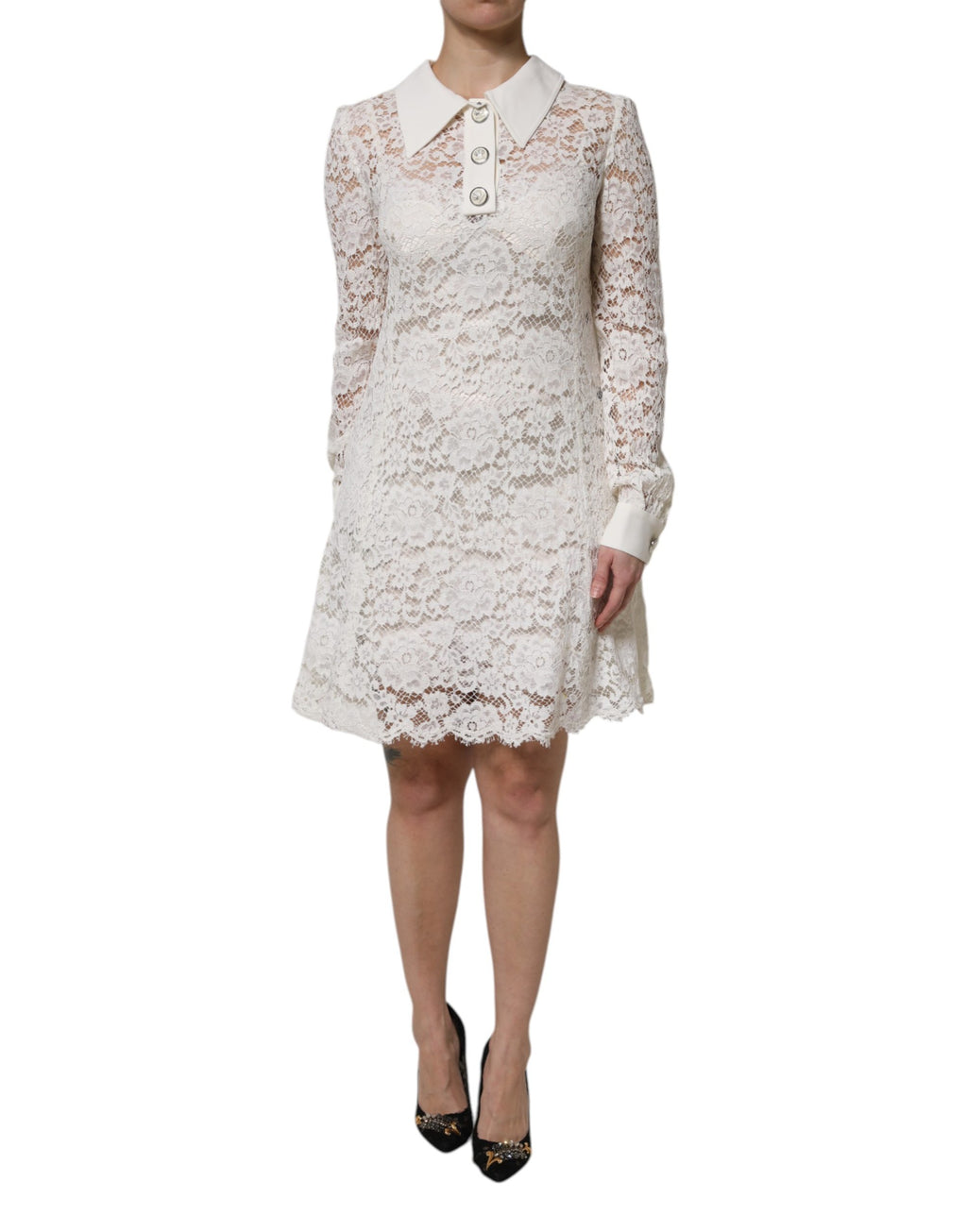 Dolce & Gabbana Weißes Minikleid aus Viskose mit Blumen-Spitze und Kragen