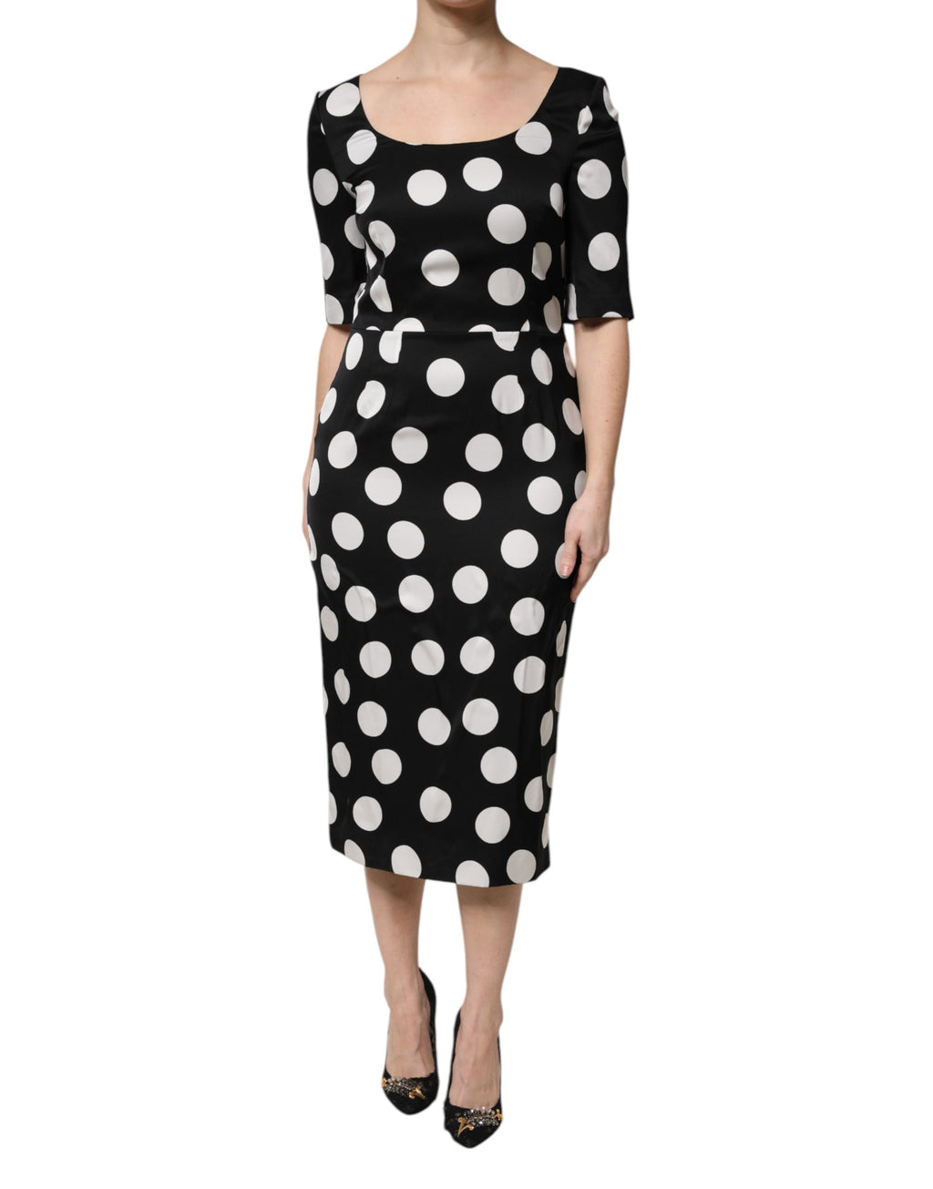 Dolce & Gabbana Schwarzes Seiden-Etui-Midikleid mit weißen Polka Dots