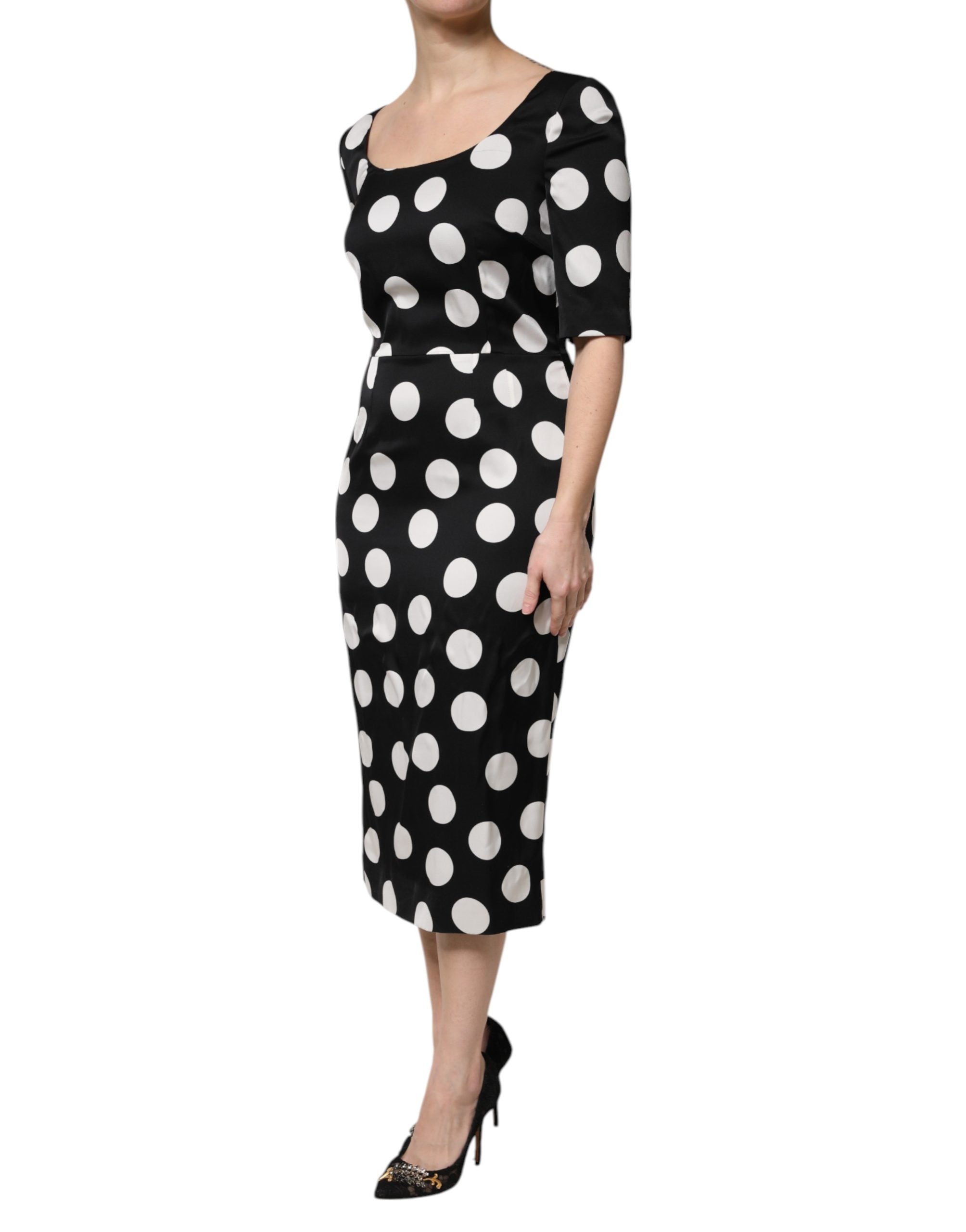 Dolce & Gabbana Schwarzes Seiden-Etui-Midikleid mit weißen Polka Dots